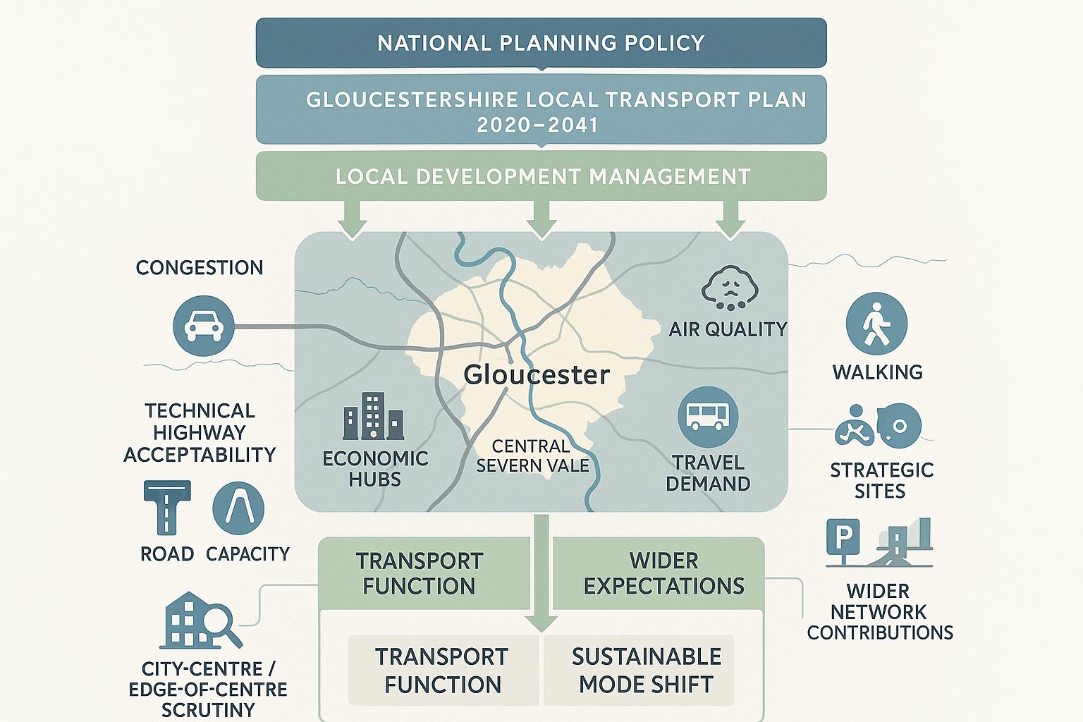Infographic of Gloucester transport planning shaped by policy, network pressures, and sustainable travel.