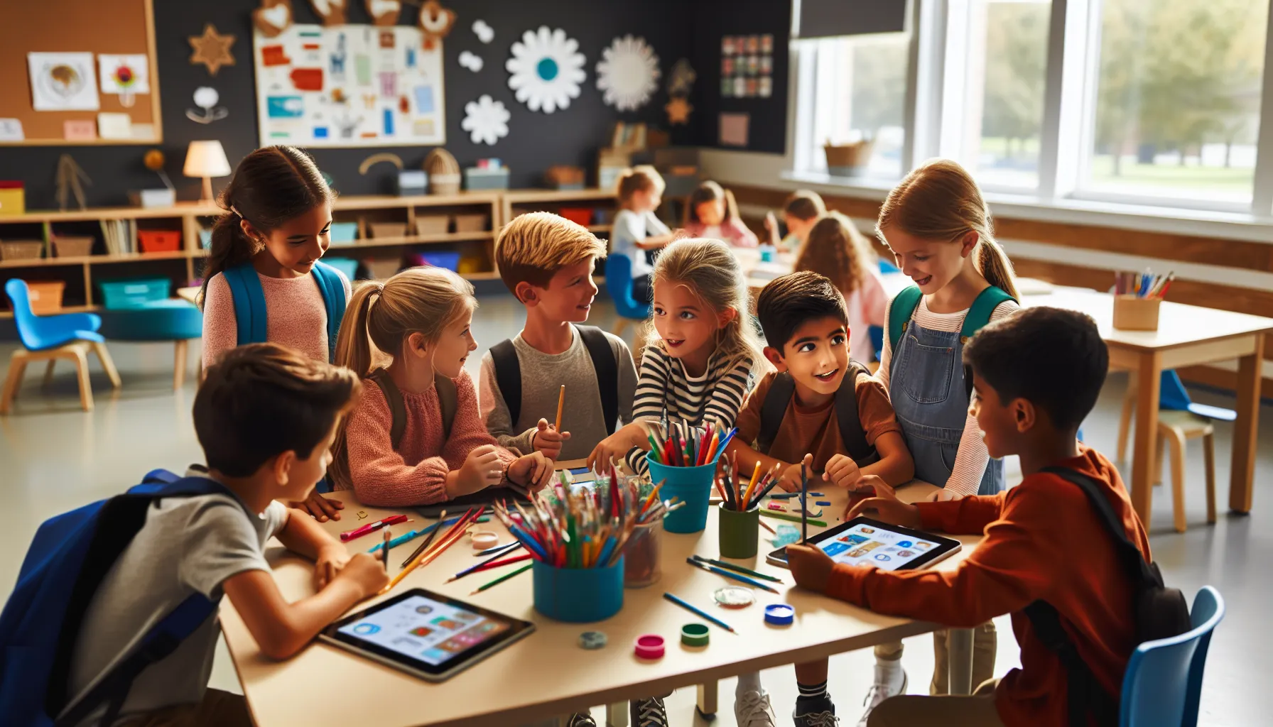 diverse children collaborating in a modern classroom setting.