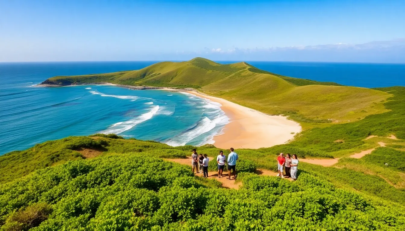 aerial view of Rhudrigues Island with lush greenery and a beach.