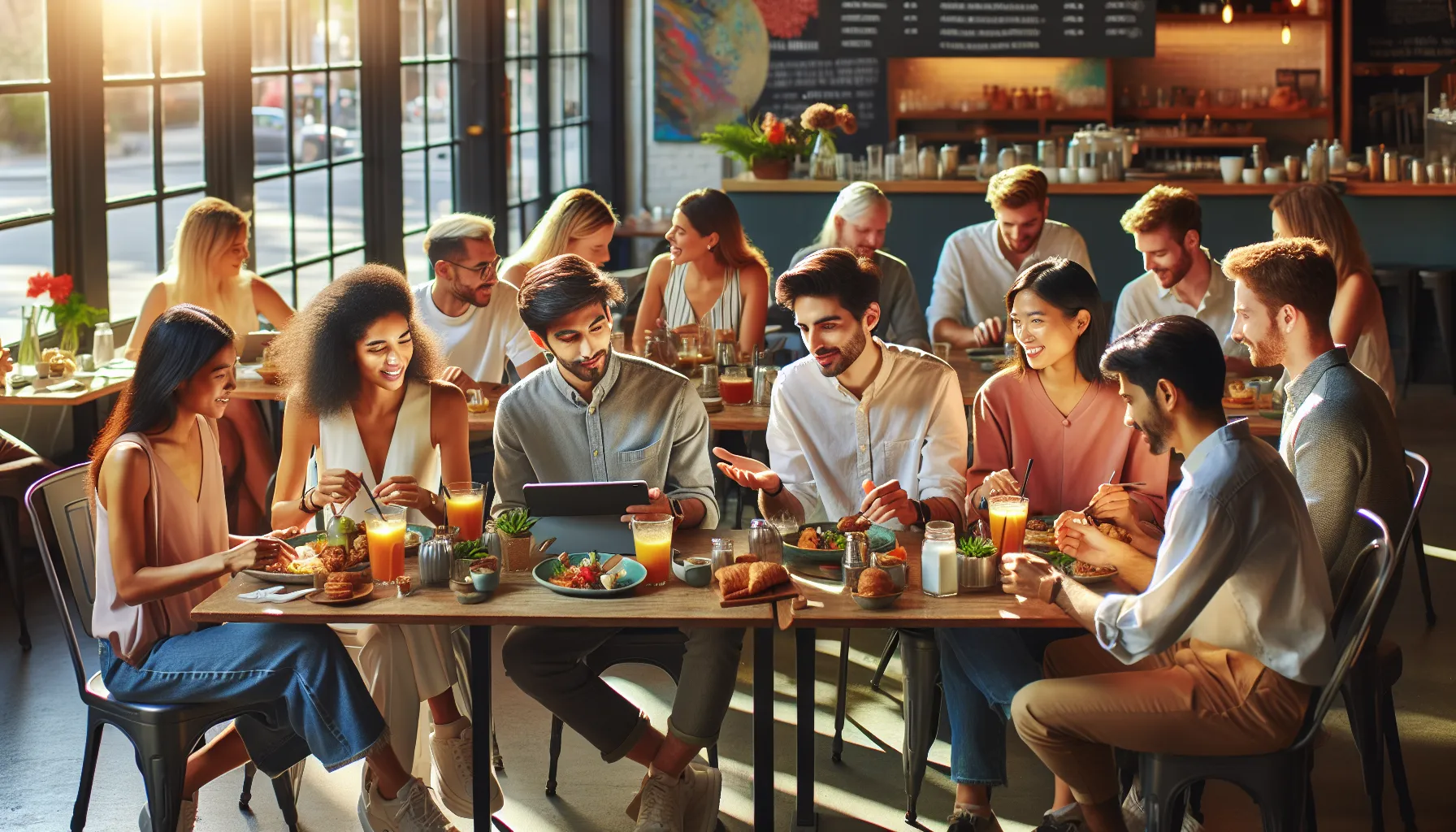 diverse group enjoying brunch and sharing experiences in a caf&eacute;.