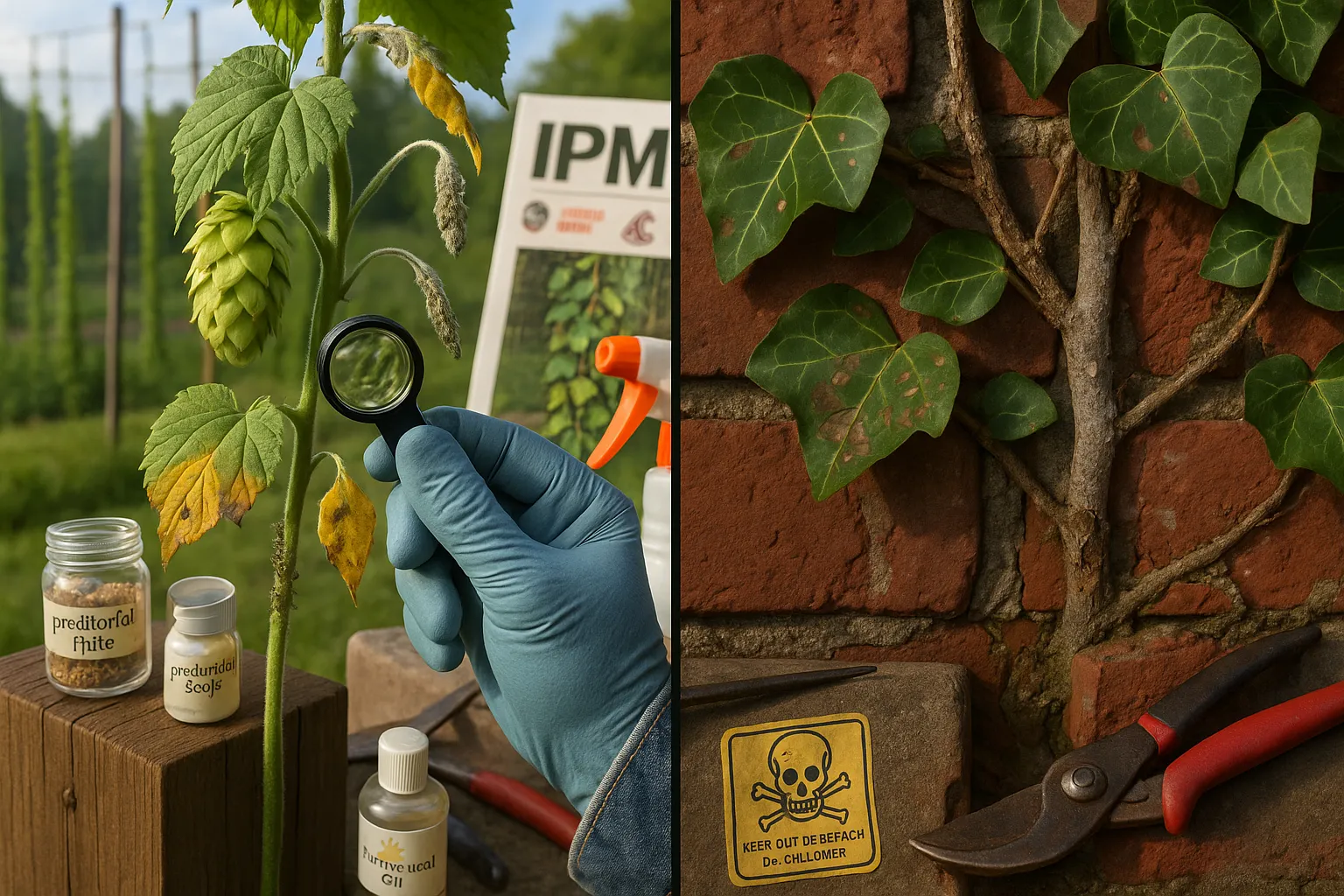 close-up hops bine with mildew and ivy on cracked brick showing pests