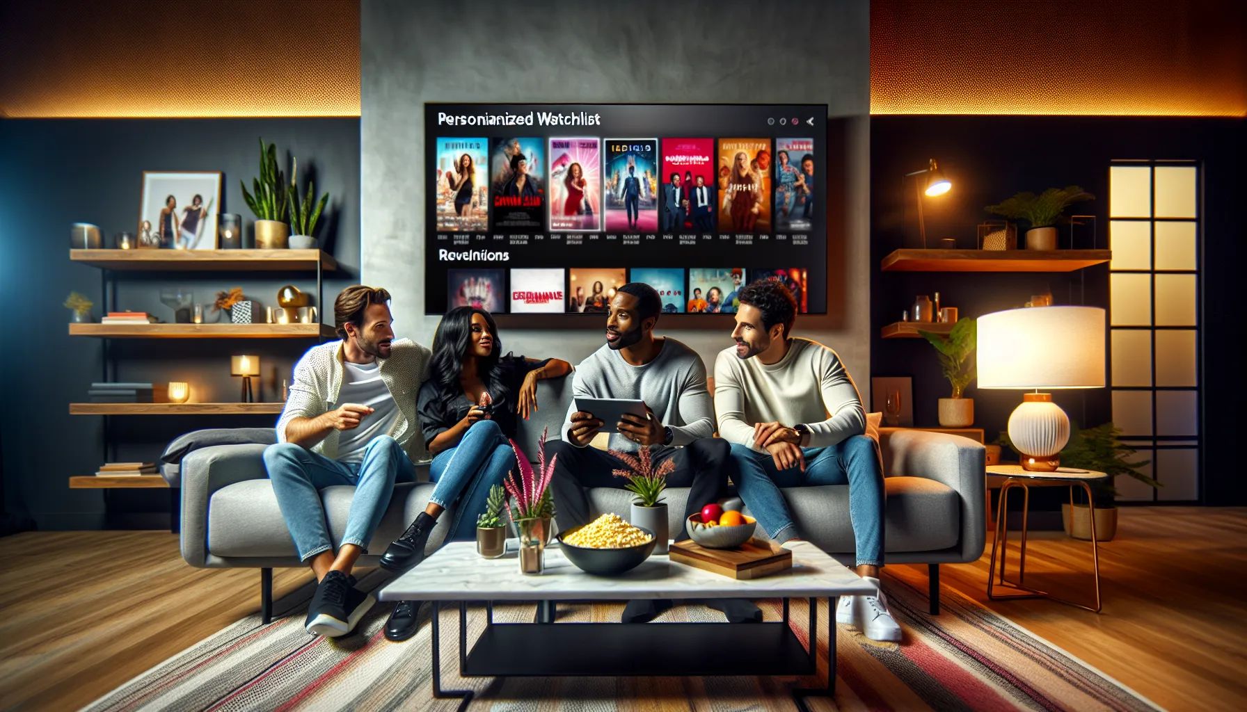 friends enjoying a movie night in a modern living room.