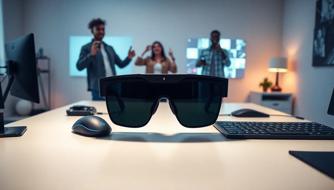 Lenovo Legion Go Glasses on a modern gaming desk with excited gamers.