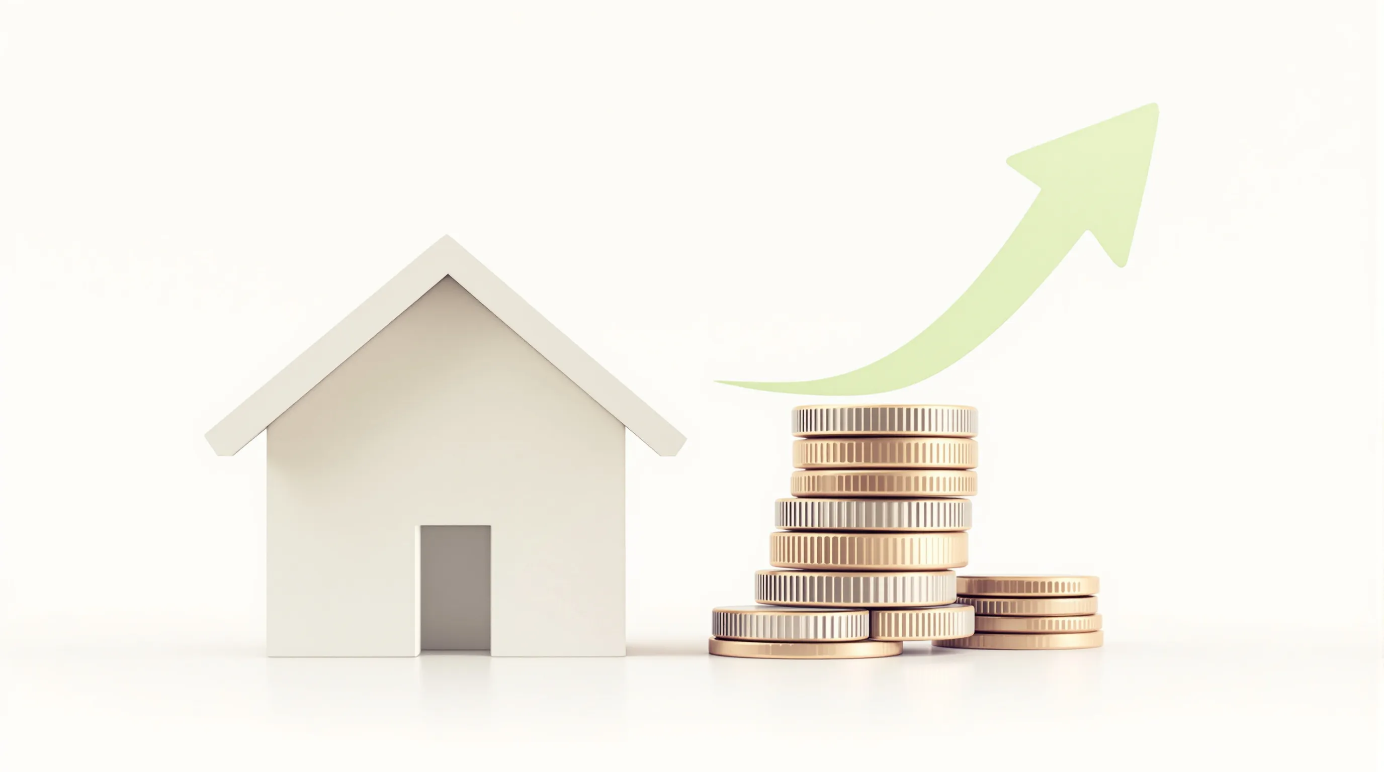 Simple house icon with upward arrow of euro coins showing investment return.