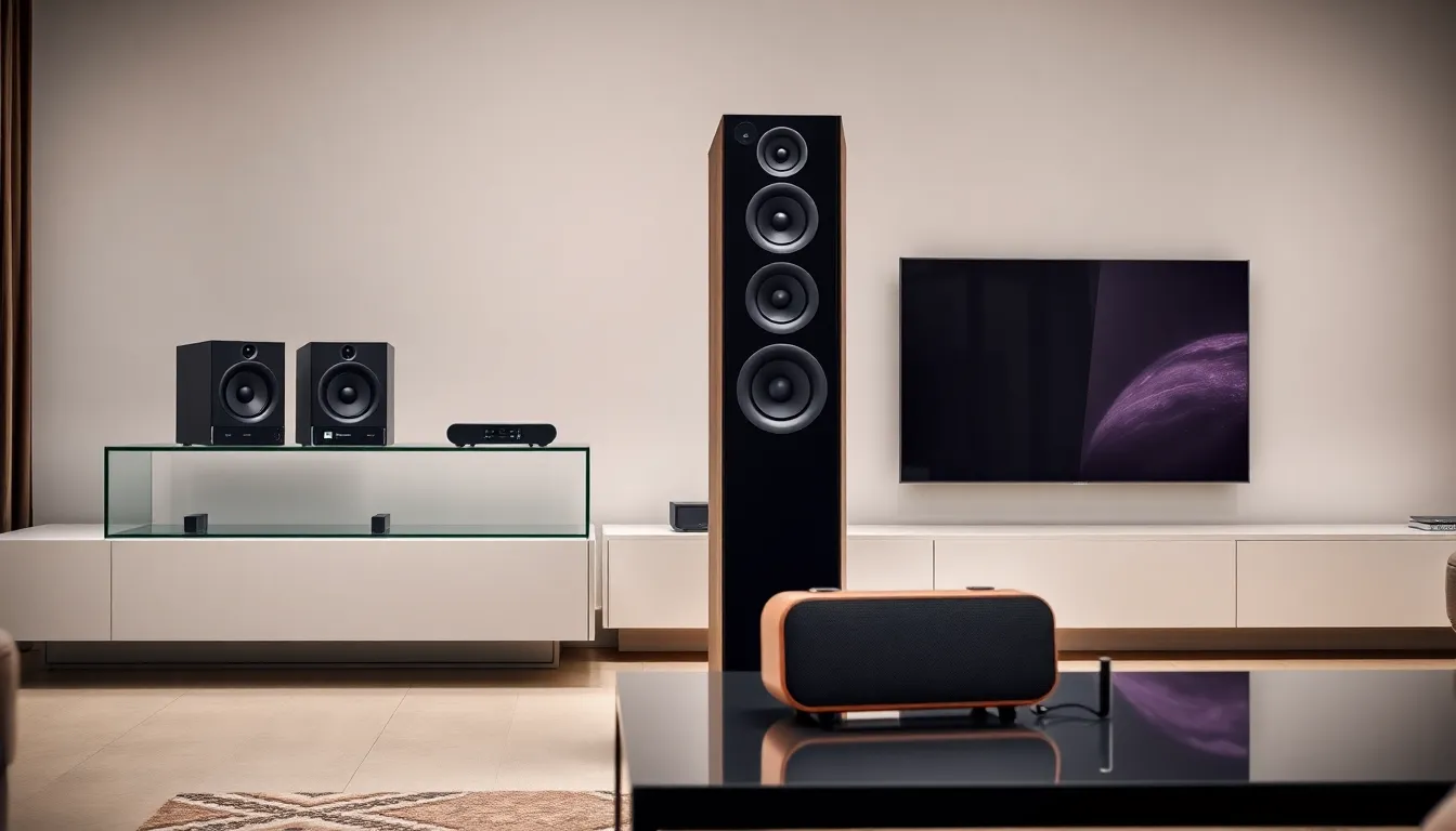variety of speakers in a modern living room setting.