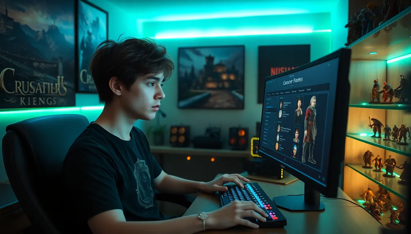 a young man creating a character on a gaming computer at home.