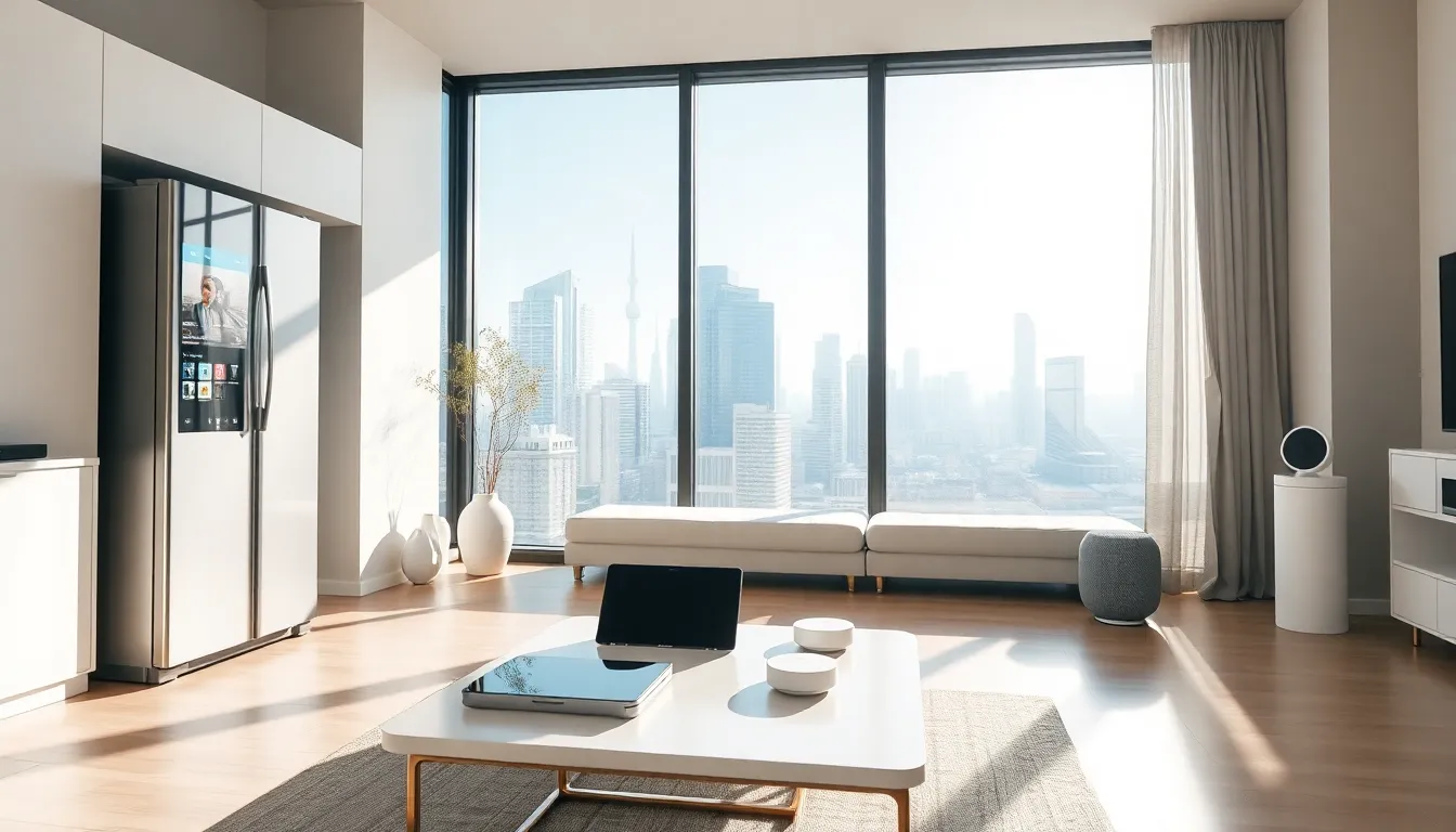 Modern living room in Japan showcasing smart technology and appliances.