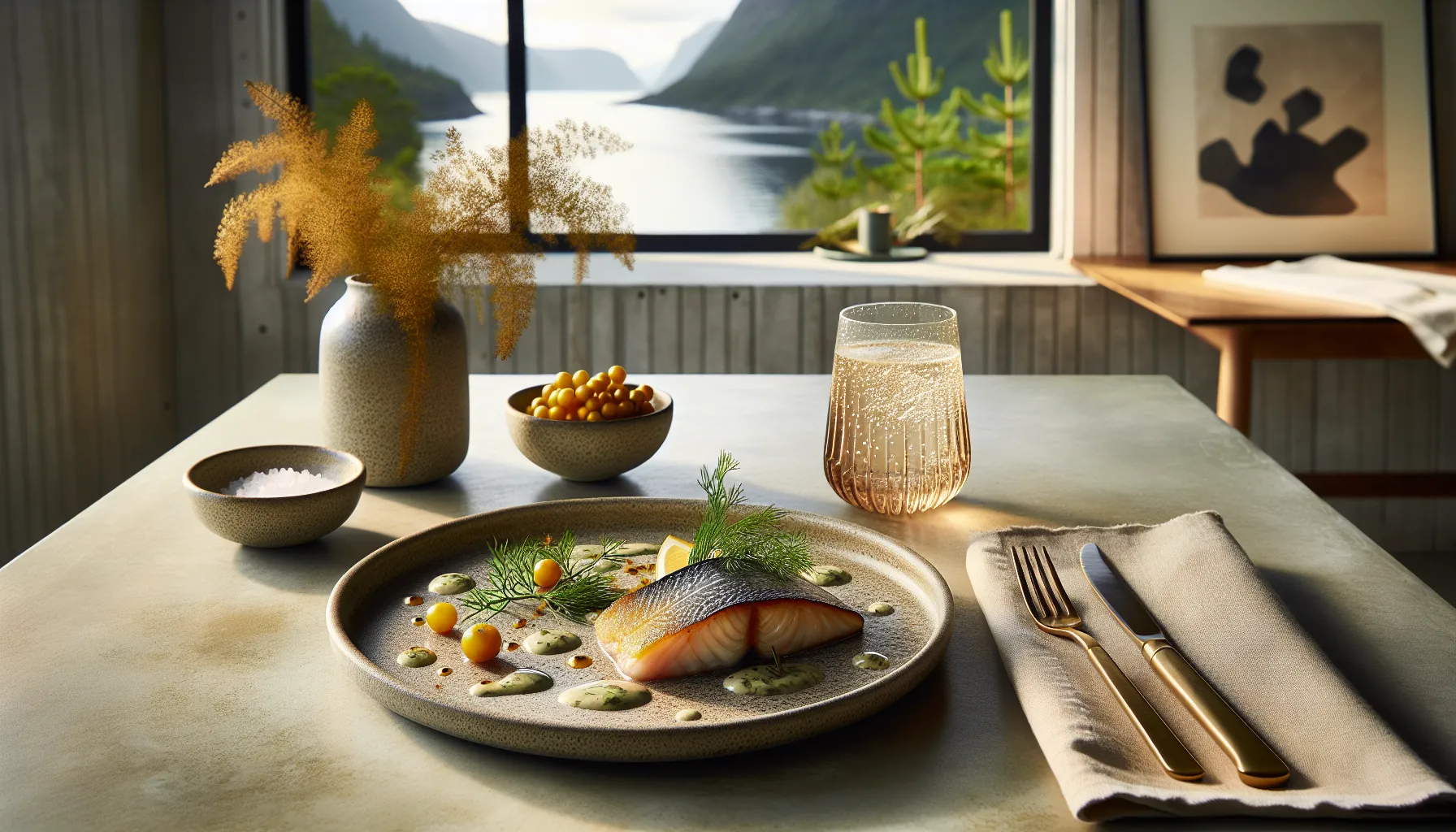 De mest instagram-vennlige restaurantene i norge 2 Arctic char on dill sauce by a sunlit window facing a norwegian fjord.