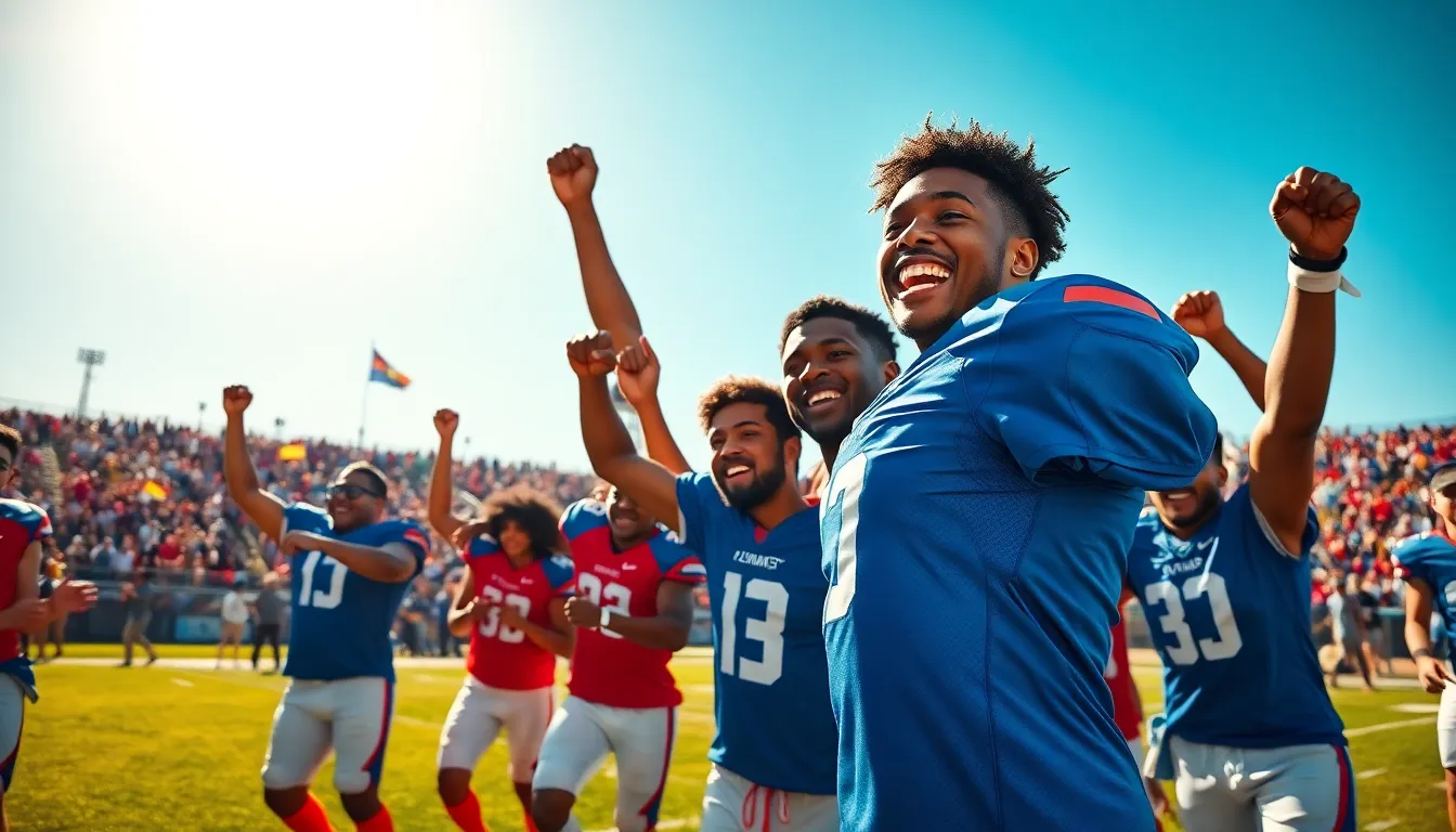 a diverse sports team celebrating a surprise victory on a football field.