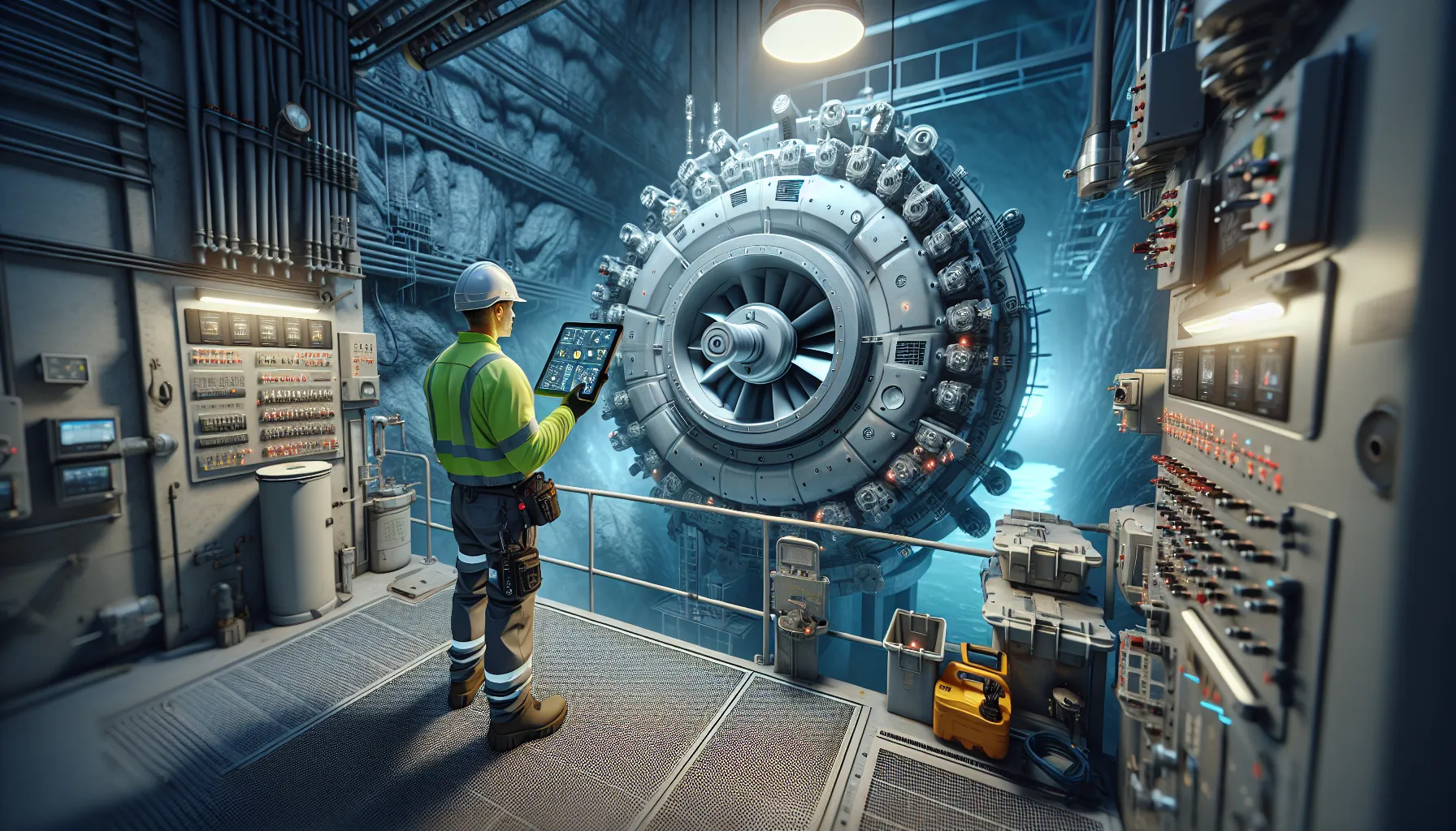 Norsk innovasjon innenfor fornybar energi 5 Engineer monitors sensors on a modern norwegian hydropower turbine in a plant cavern.