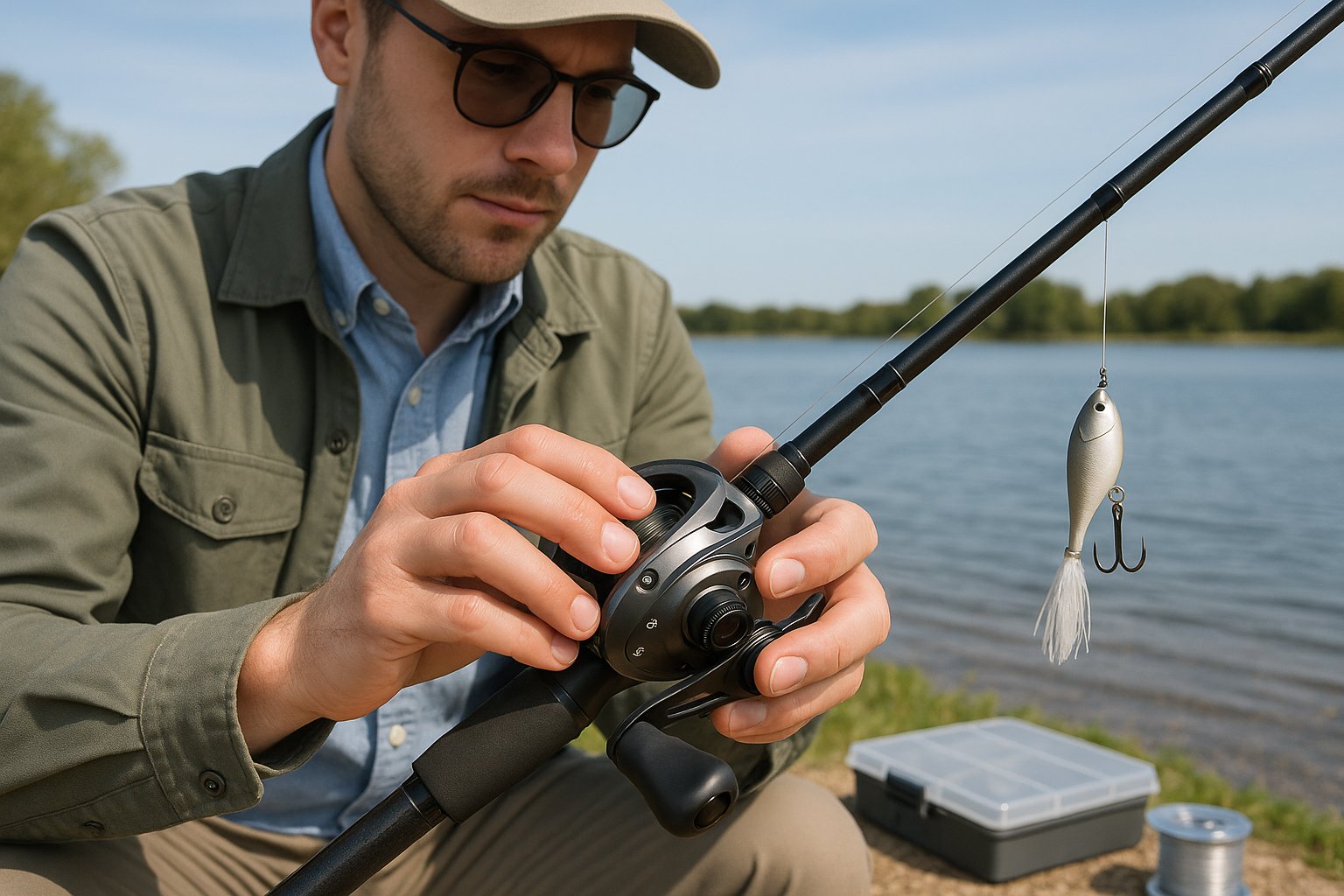 Angler adjusting a baitcasting reel beside a lake.
