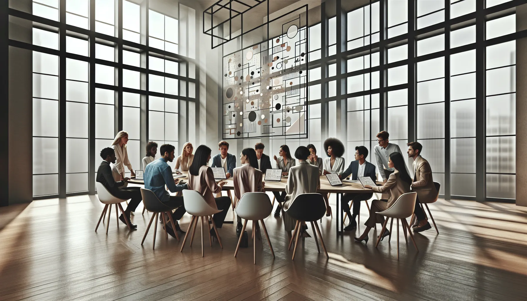 diverse professionals discussing in a modern office.