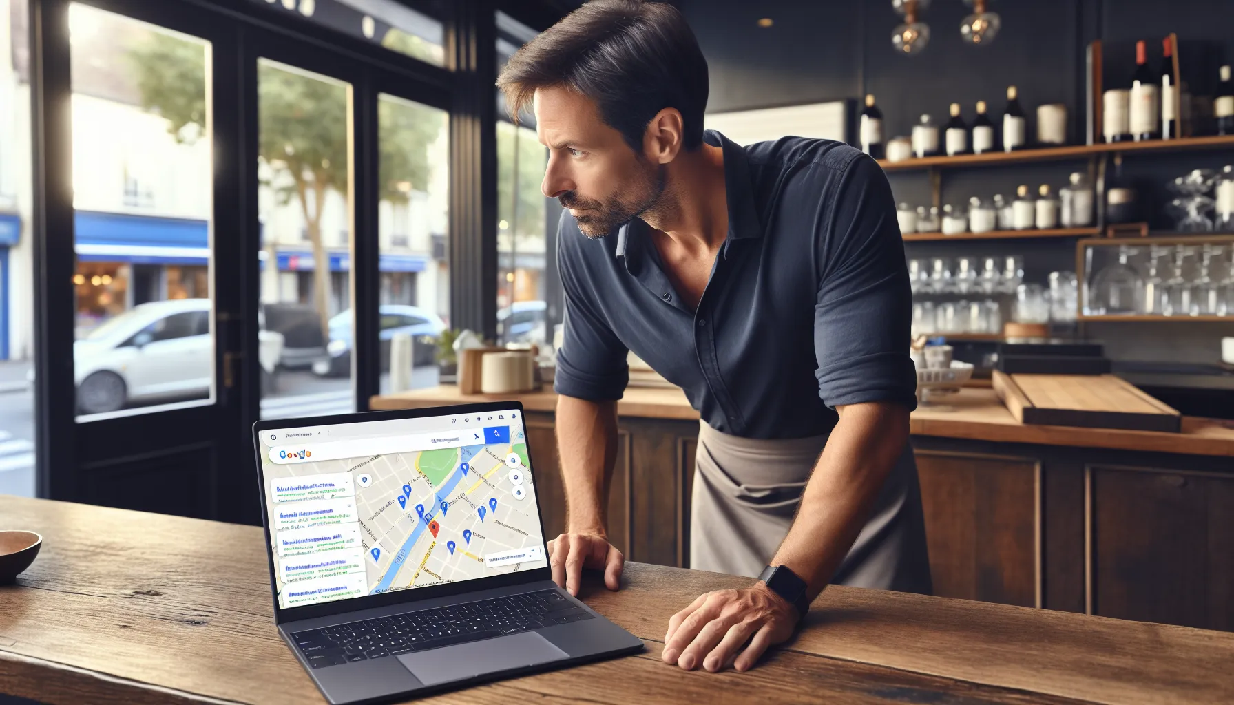 Local shop owner in Neuilly-sur-Marne studying Google search results on laptop.