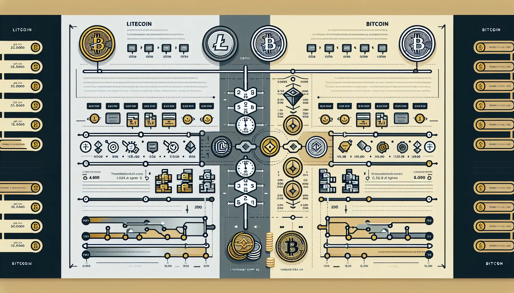 Side-by-side comparison chart of Litecoin and Bitcoin key trading features and differences.