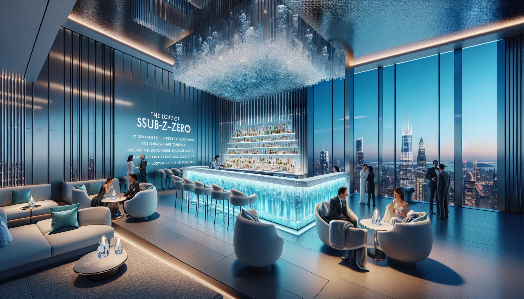 A stylish ice-themed hotel lounge with a rooftop pool.
