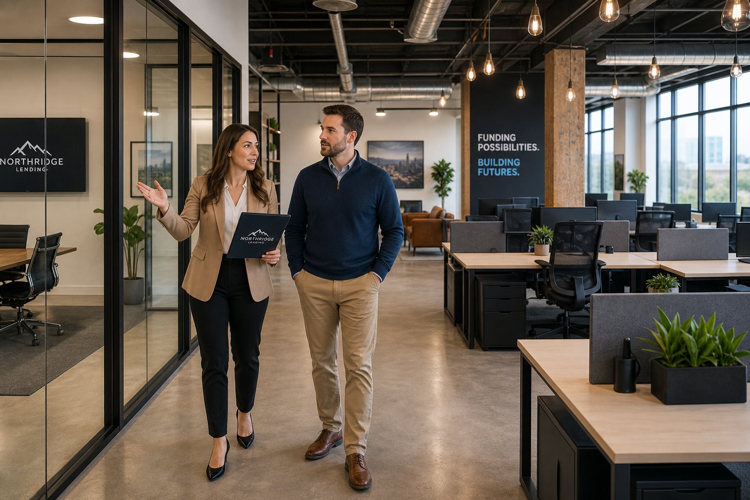Client and representative walking through a modern office space during a commercial property assessment.
