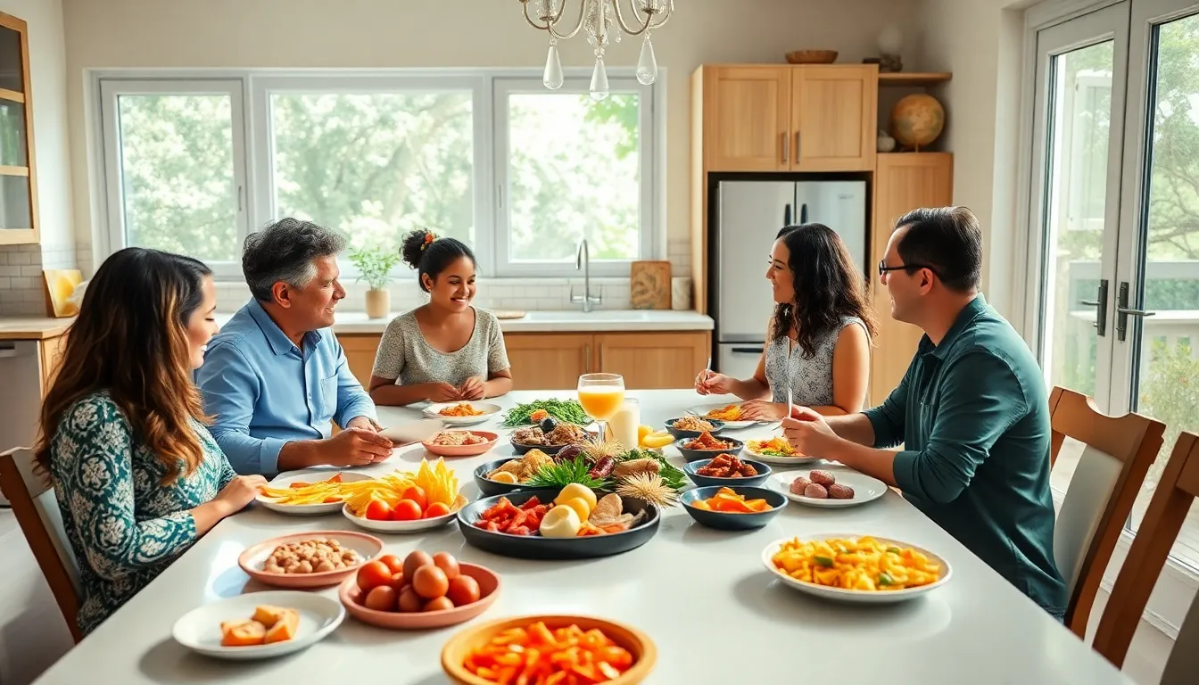 Honduran-American family enjoying a Sunday lunch in a modern kitchen.