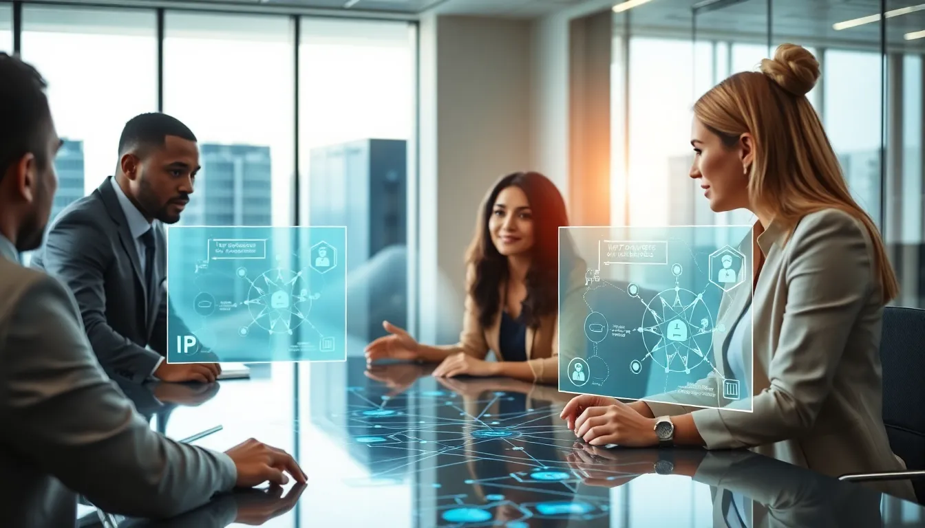 diverse professionals discussing IP addresses in a modern office.