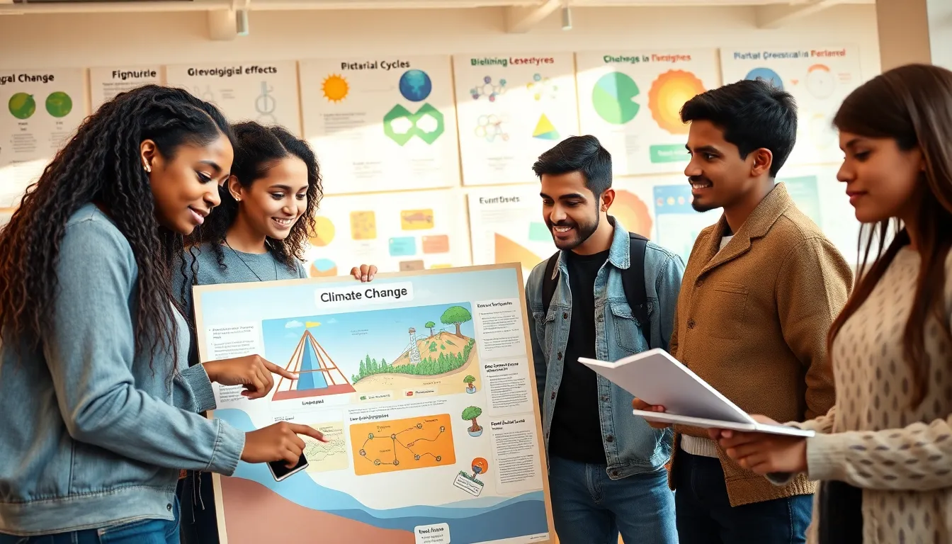 students collaborating on an integrated science project about climate change.