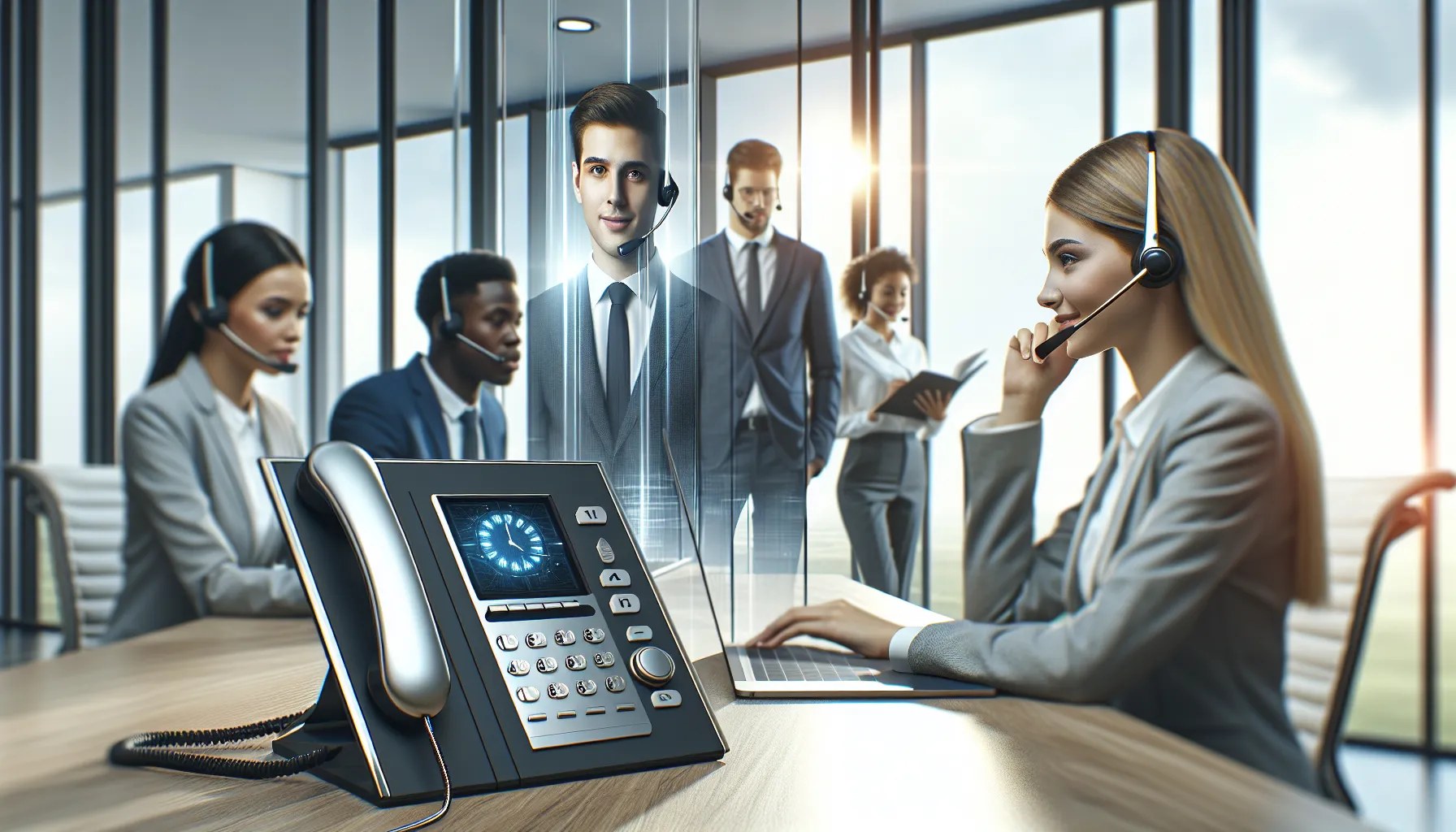 customer service representatives assisting clients in a modern office.