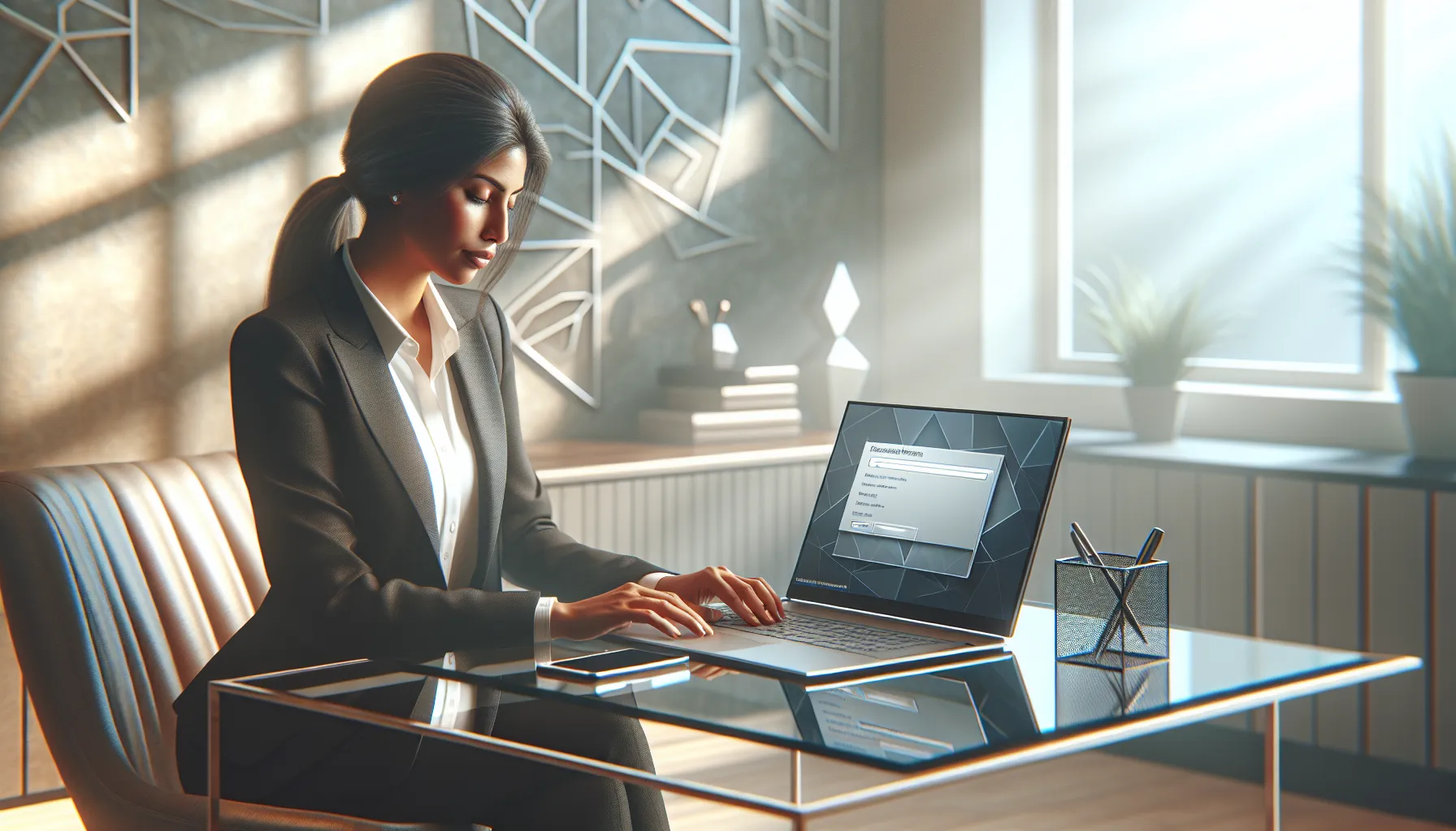 professional installing software on a laptop in a modern office.