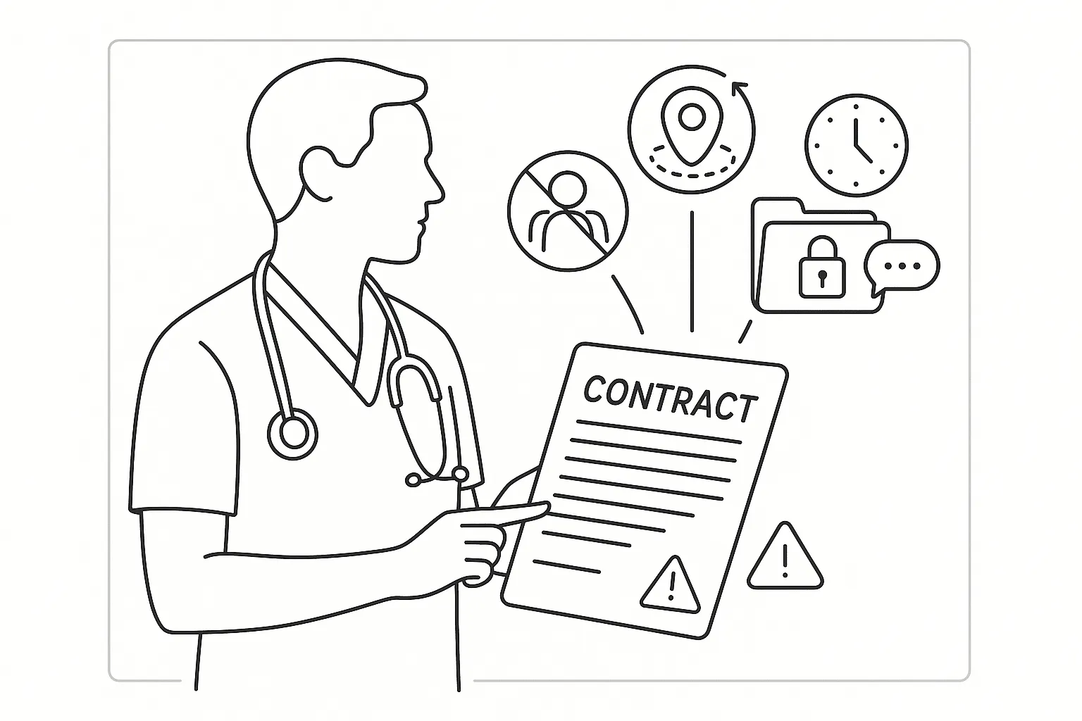 PA holding a contract with map radius, clock, crossed-out people, and locked folder.