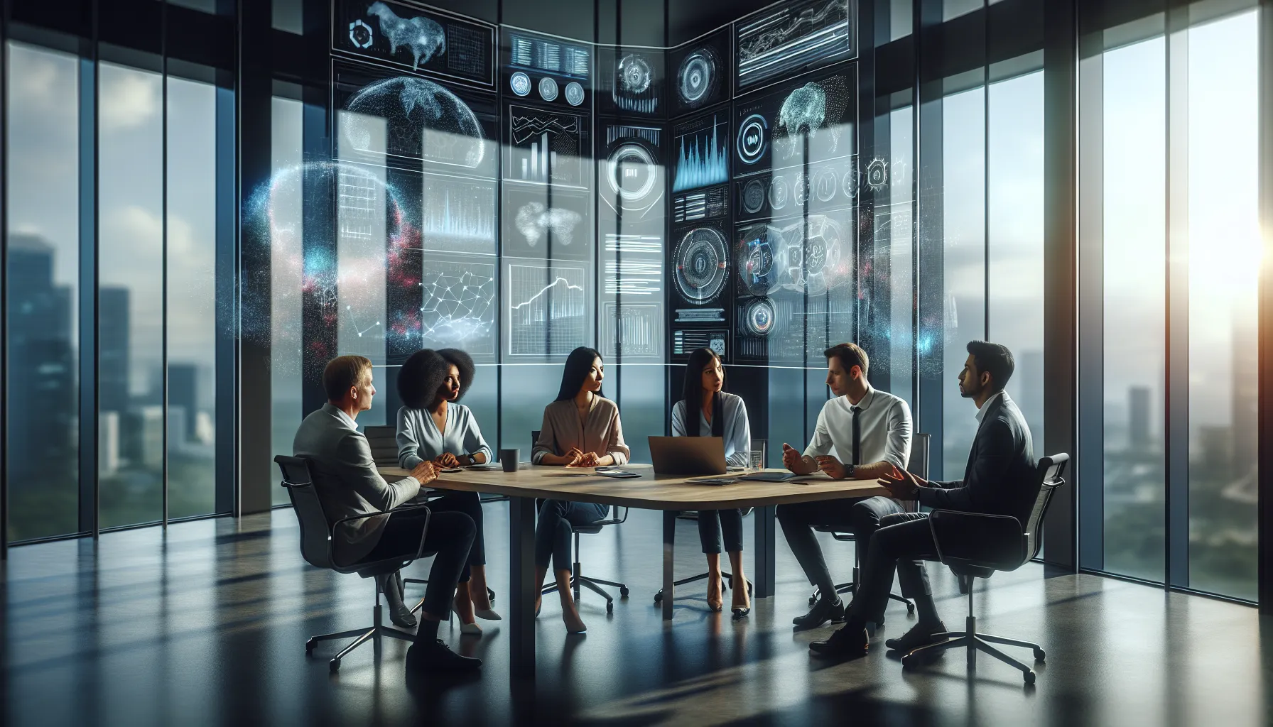 diverse team discussing future trends in a modern office.