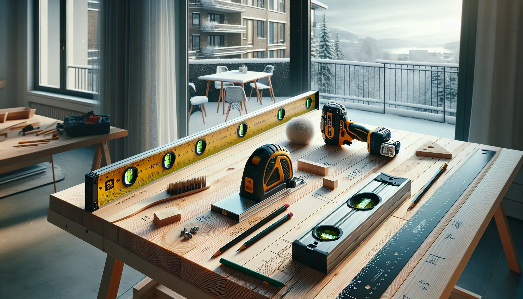 Hvordan velge riktig verktøy for små byggeprosjekter 2 Measuring and planning tools on a norwegian workbench for small projects.