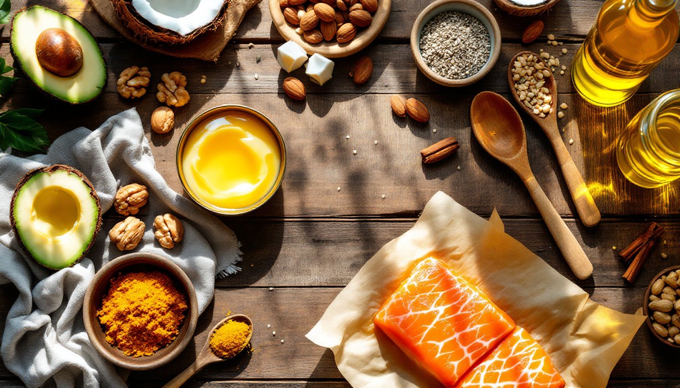 Overhead view of whole-food healthy fats including ghee, avocado, nuts, and salmon on a wooden table.