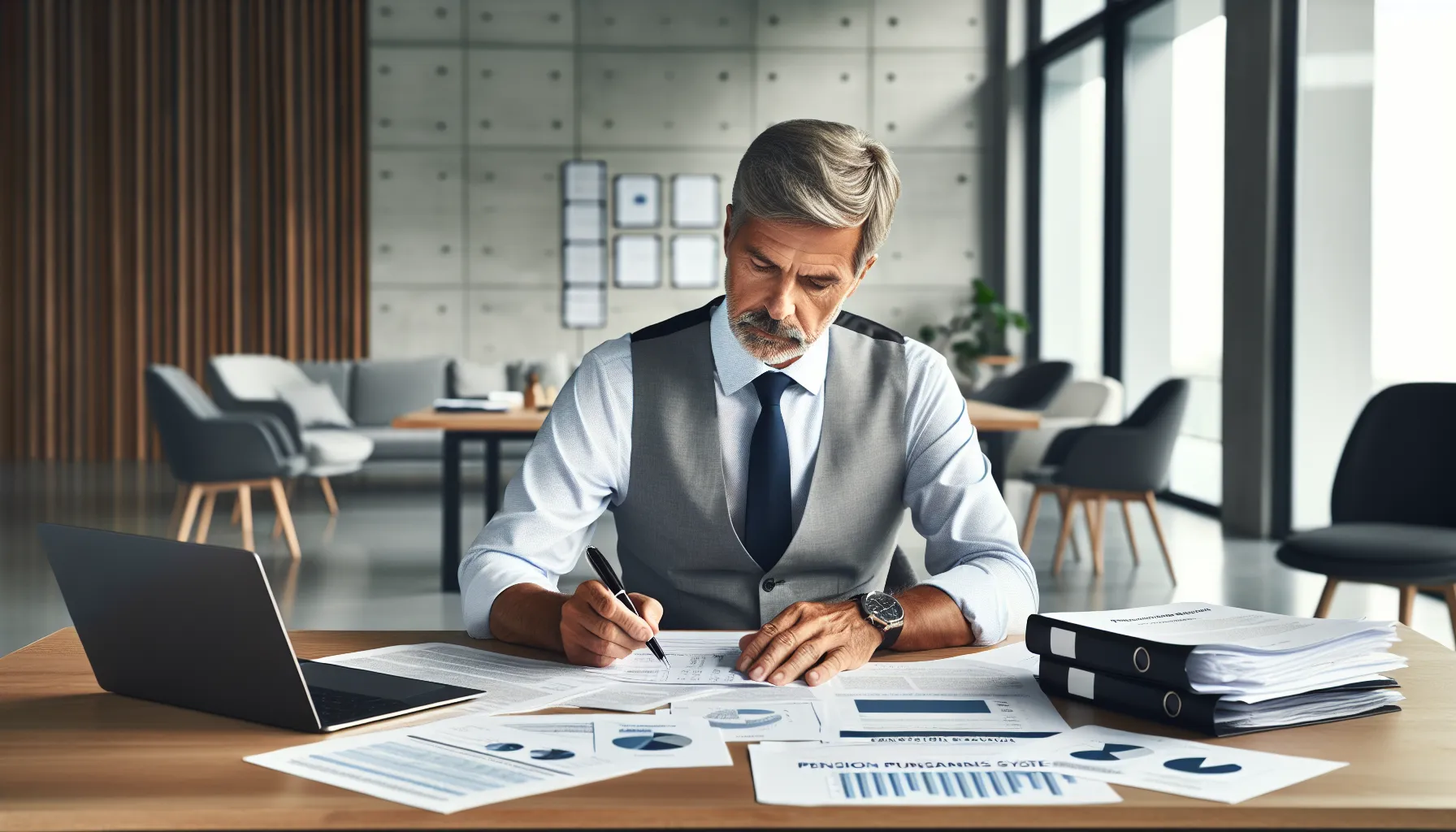 Professional reviewing pension documents at modern office desk