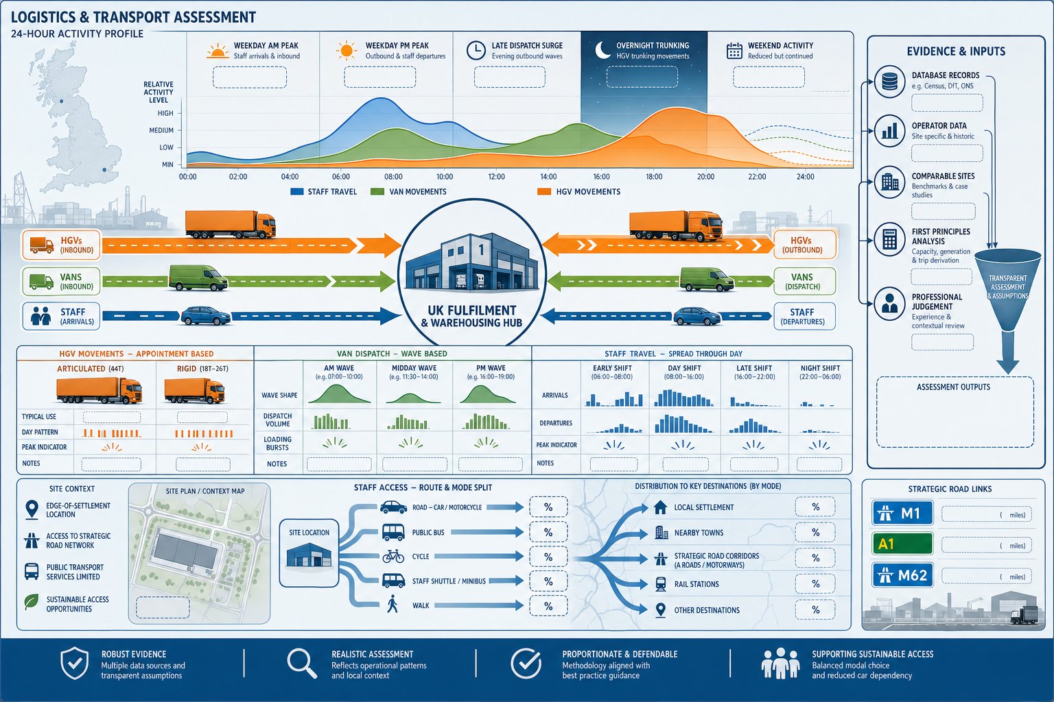 UK logistics transport infographic showing trip peaks, vehicle types, staff shifts, and route splits.