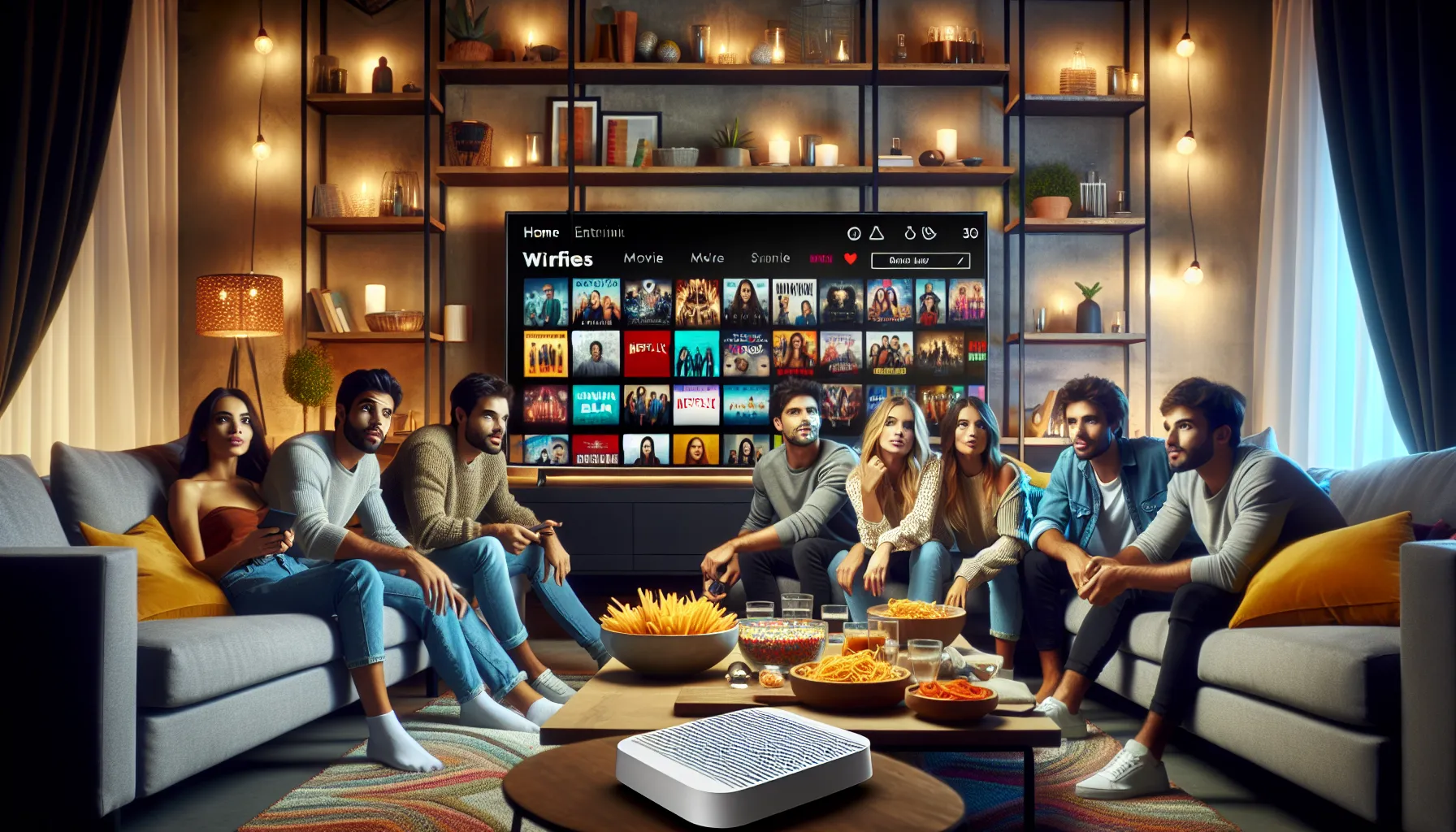 Diverse group enjoying a movie in a modern living room.