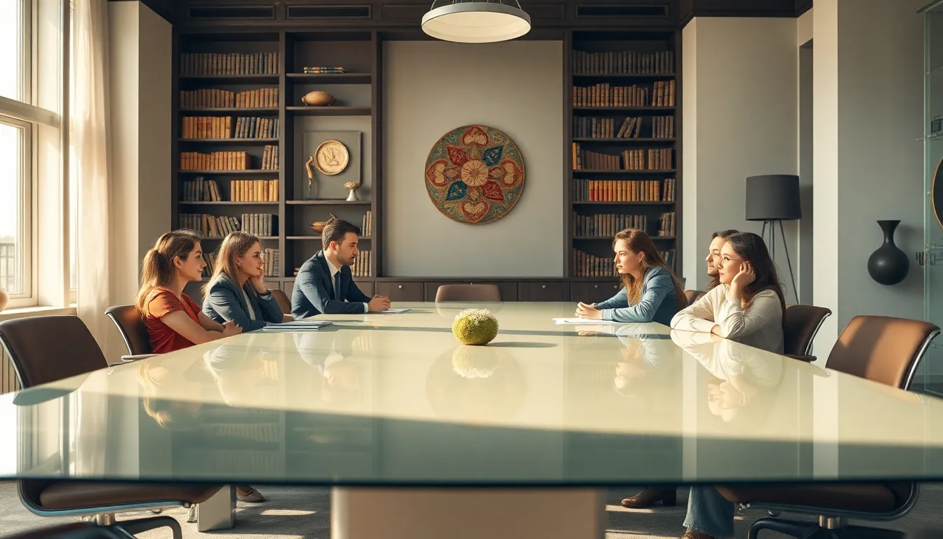 diverse professionals discussing historical concepts in a modern office.
