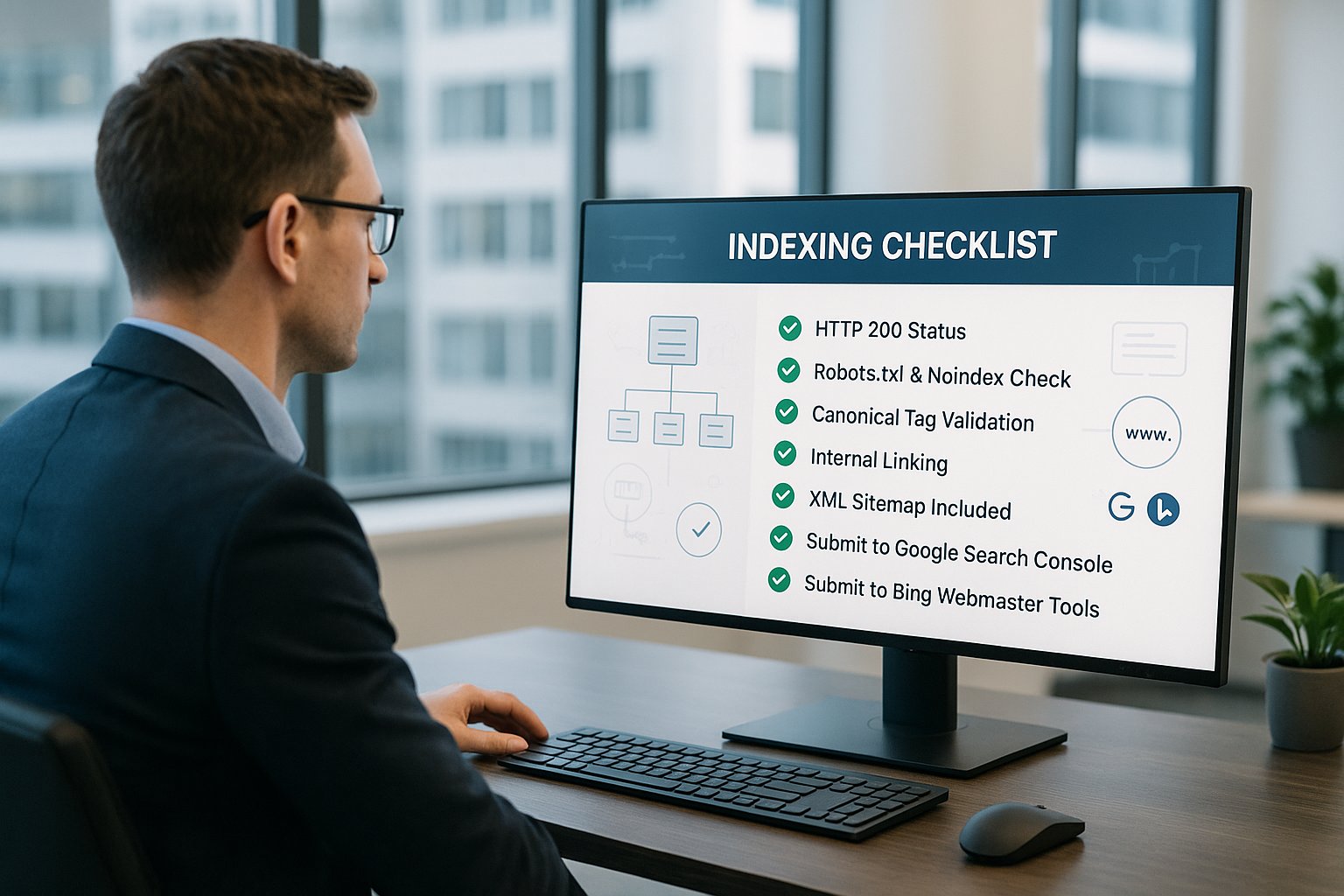 SEO specialist reviewing website indexing steps on a modern office screen.