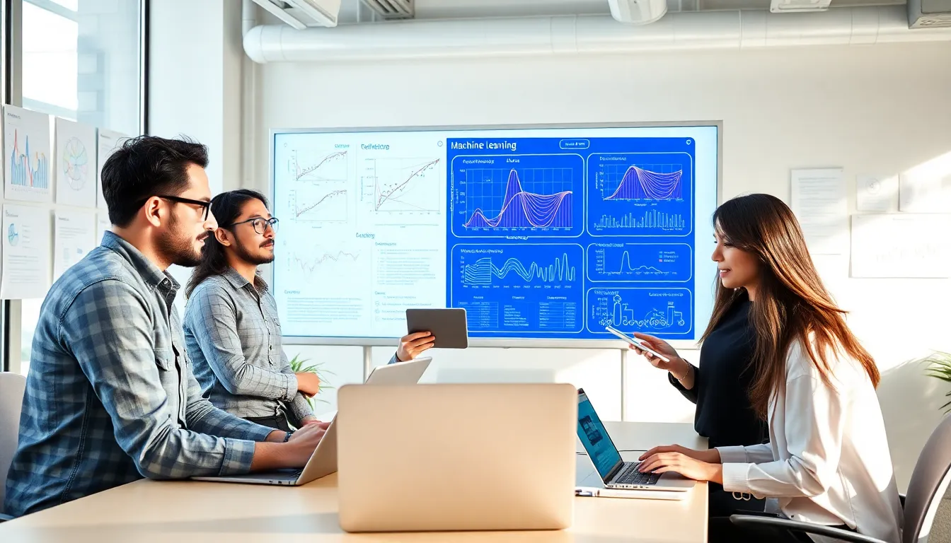 diverse professionals collaborating on machine learning projects in a modern office.