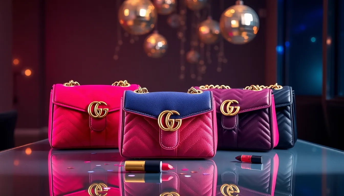 Gucci Marmont handbags on a glass table with party confetti.