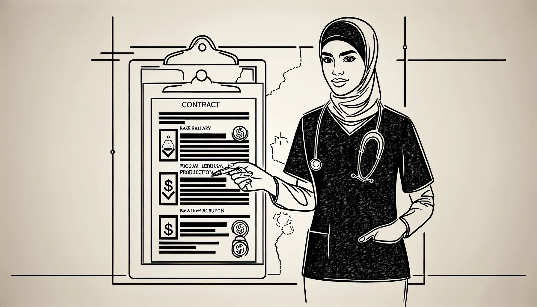 Veterinarian pointing to a contract highlighting salary, ProSal, and draw terms.