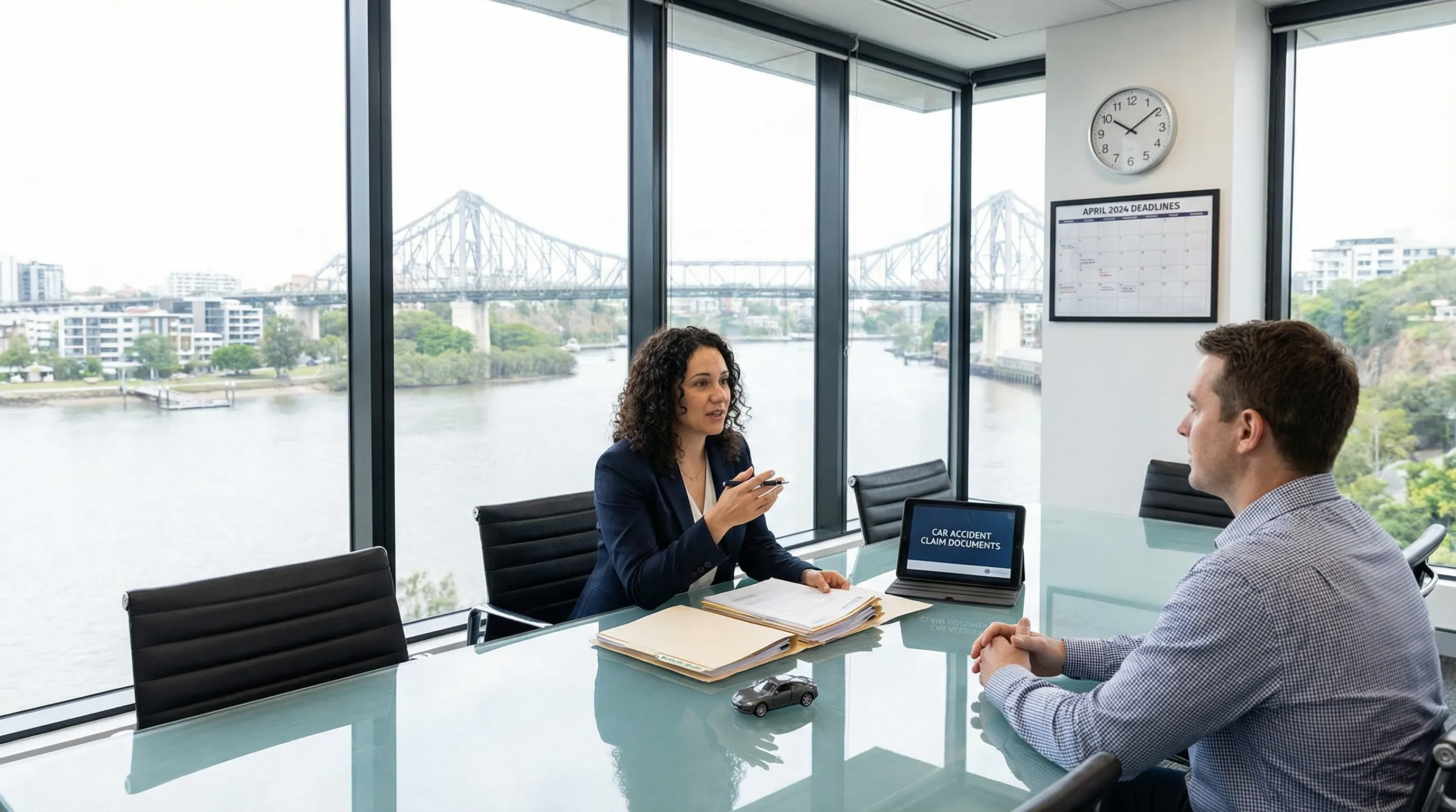 Brisbane lawyer advising client about a car accident claim in a modern office.