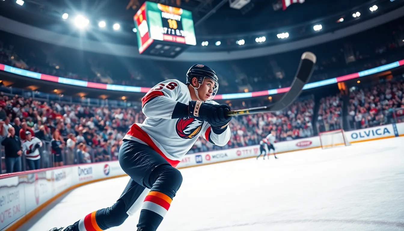 a young hockey player shooting the puck in a lively arena.