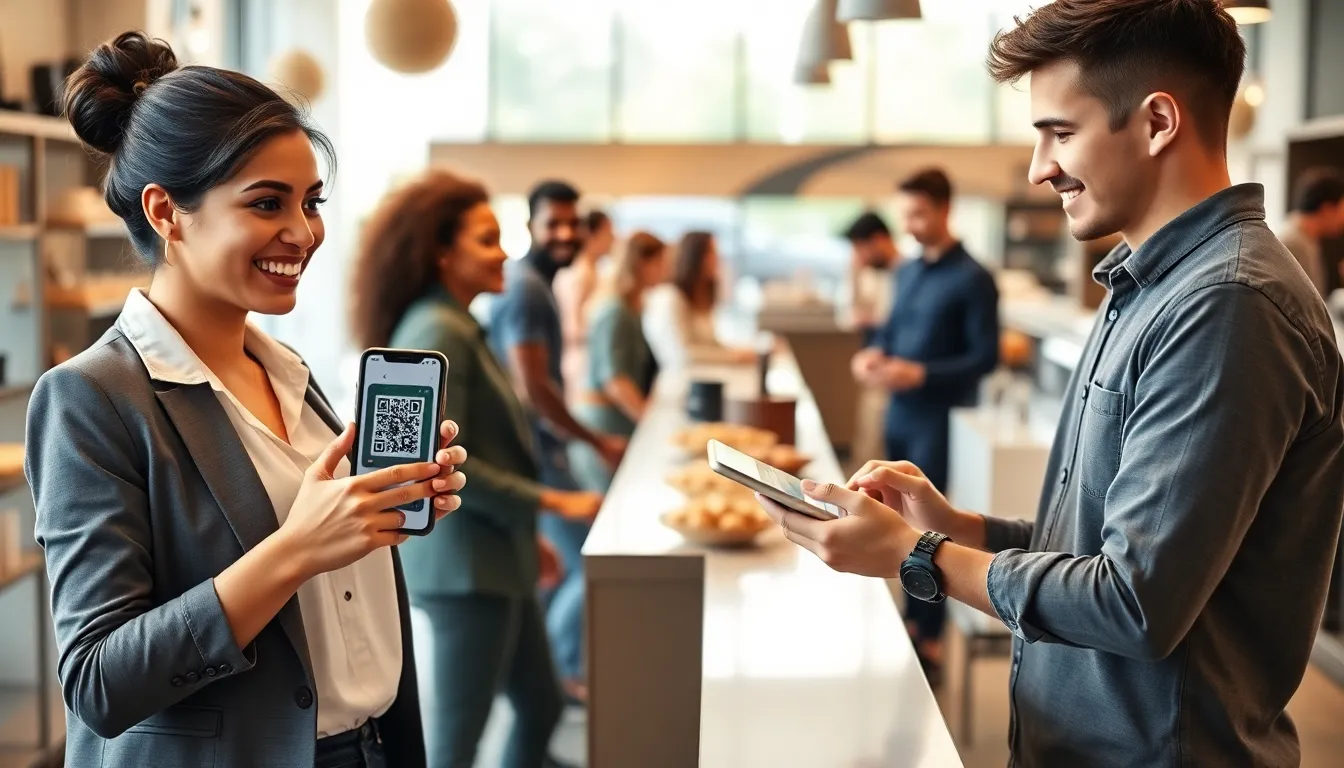 small business owners using mobile payment apps in a modern retail space.