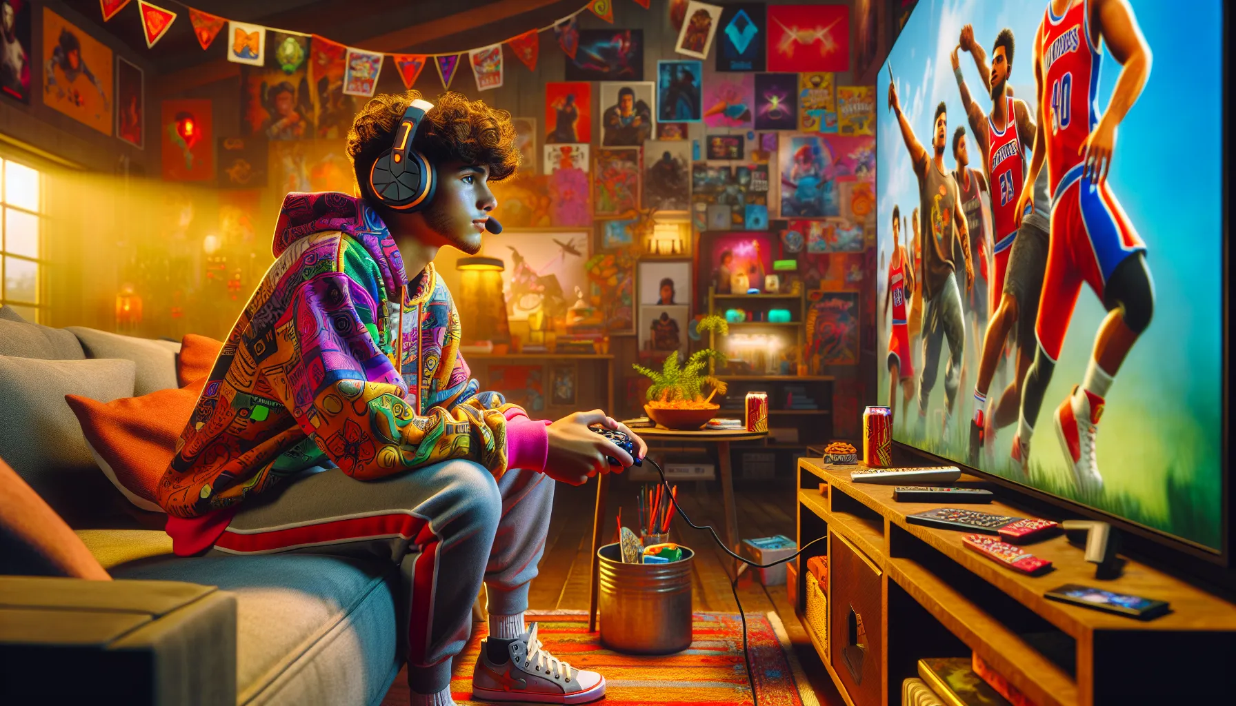 a teenage boy playing Fortnite in a cozy living room.