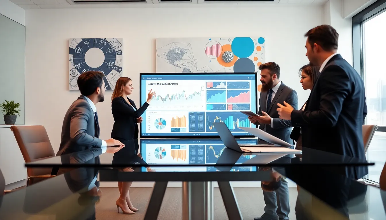 diverse professionals collaborating in a modern office on data and technology.