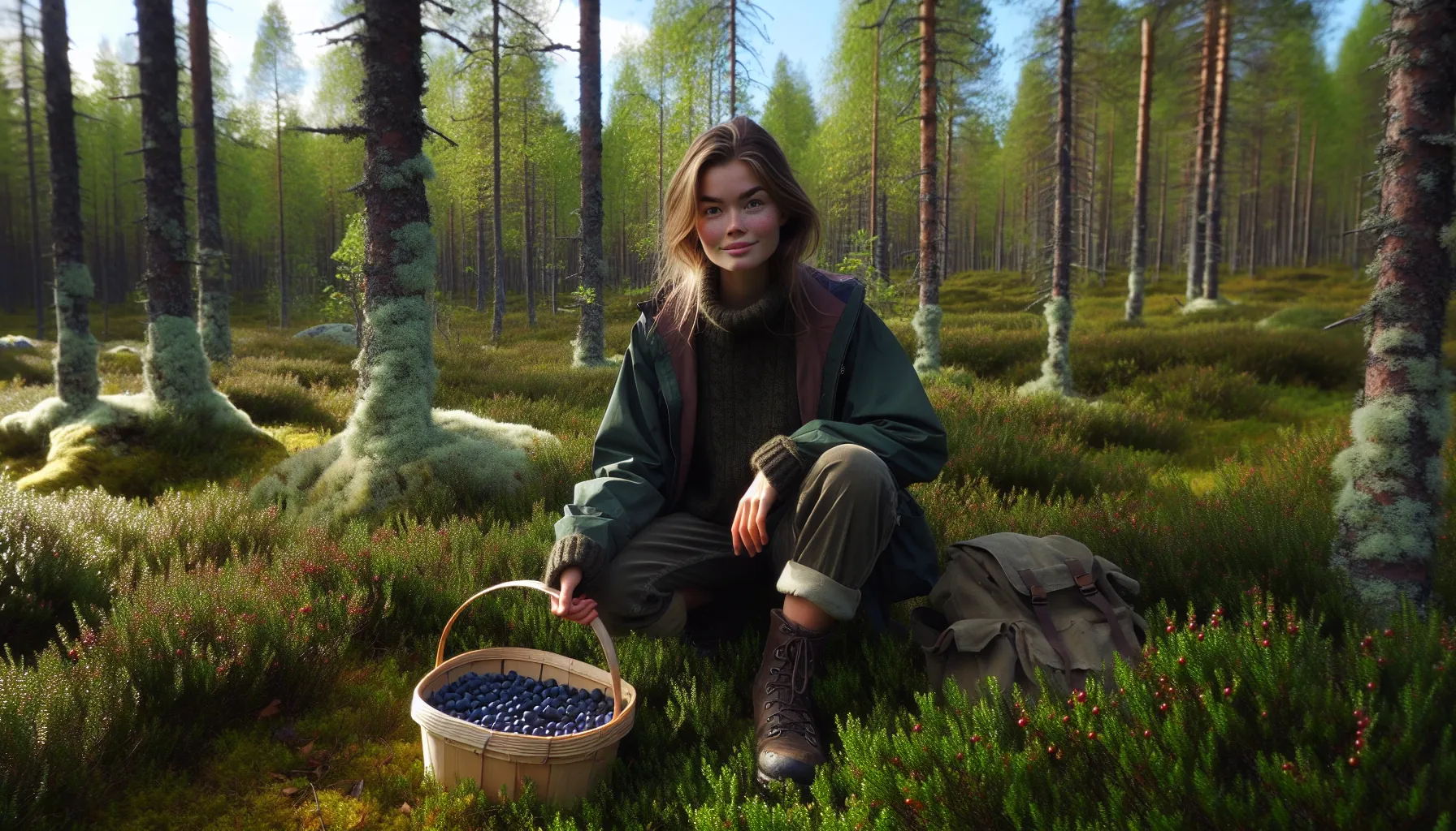 Woman picking berries in norwegian forest near bog, heath, and old farm.