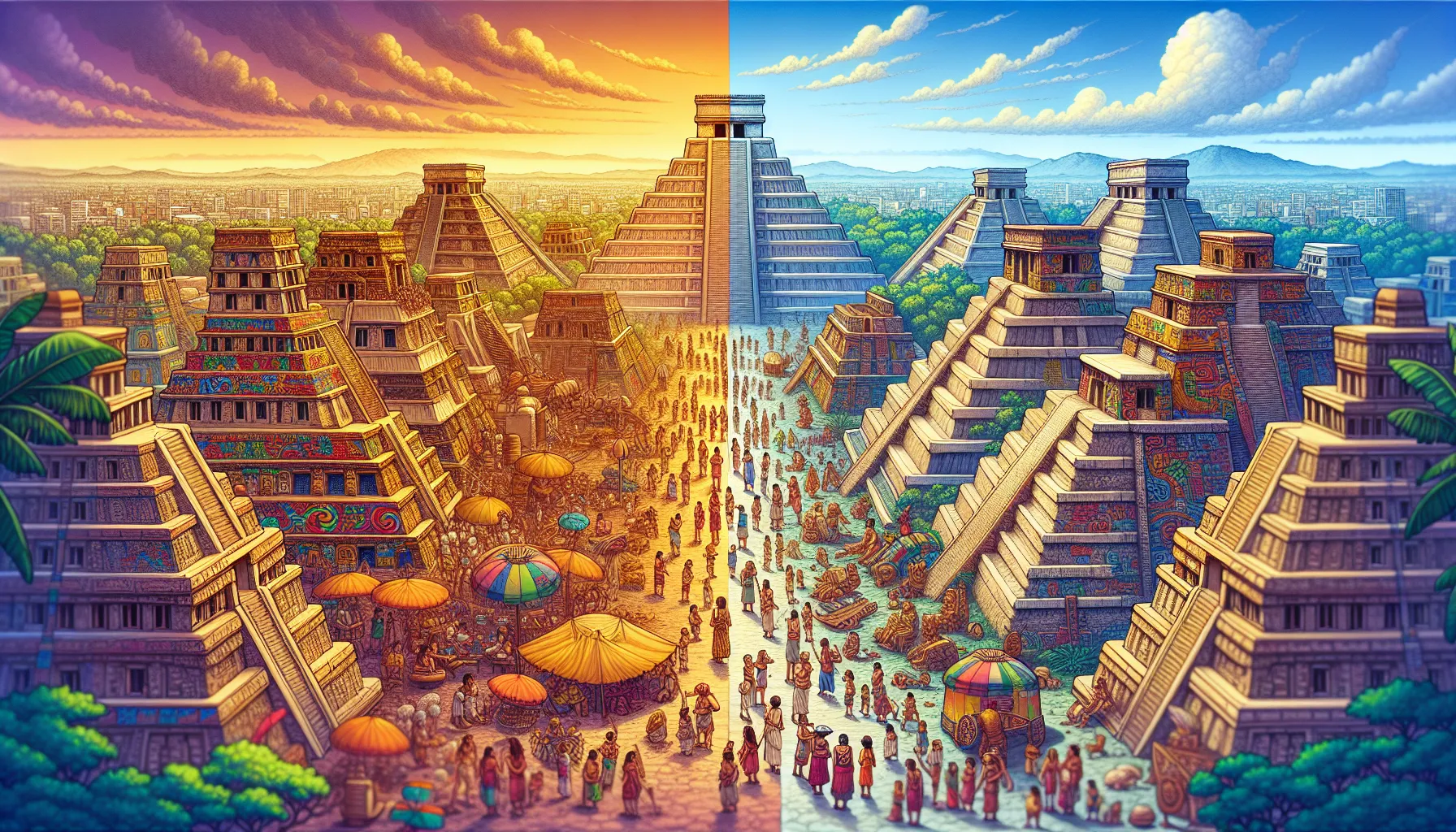 A depiction of Mayan and Aztec civilizations showcasing their timelines and cultural connections.
