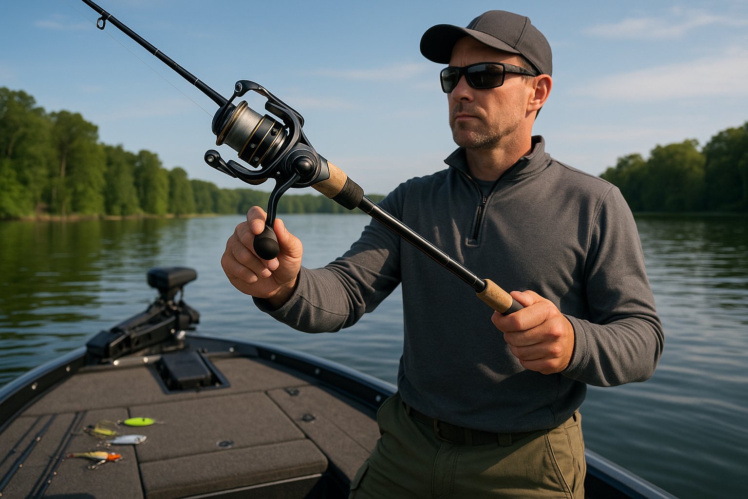 Angler on a bass boat checking a well-balanced fishing reel setup.