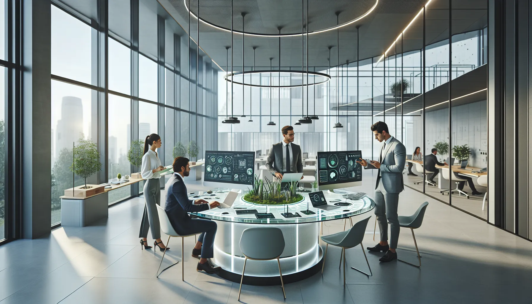 diverse team showcasing eco-friendly tech gadgets in a modern office.