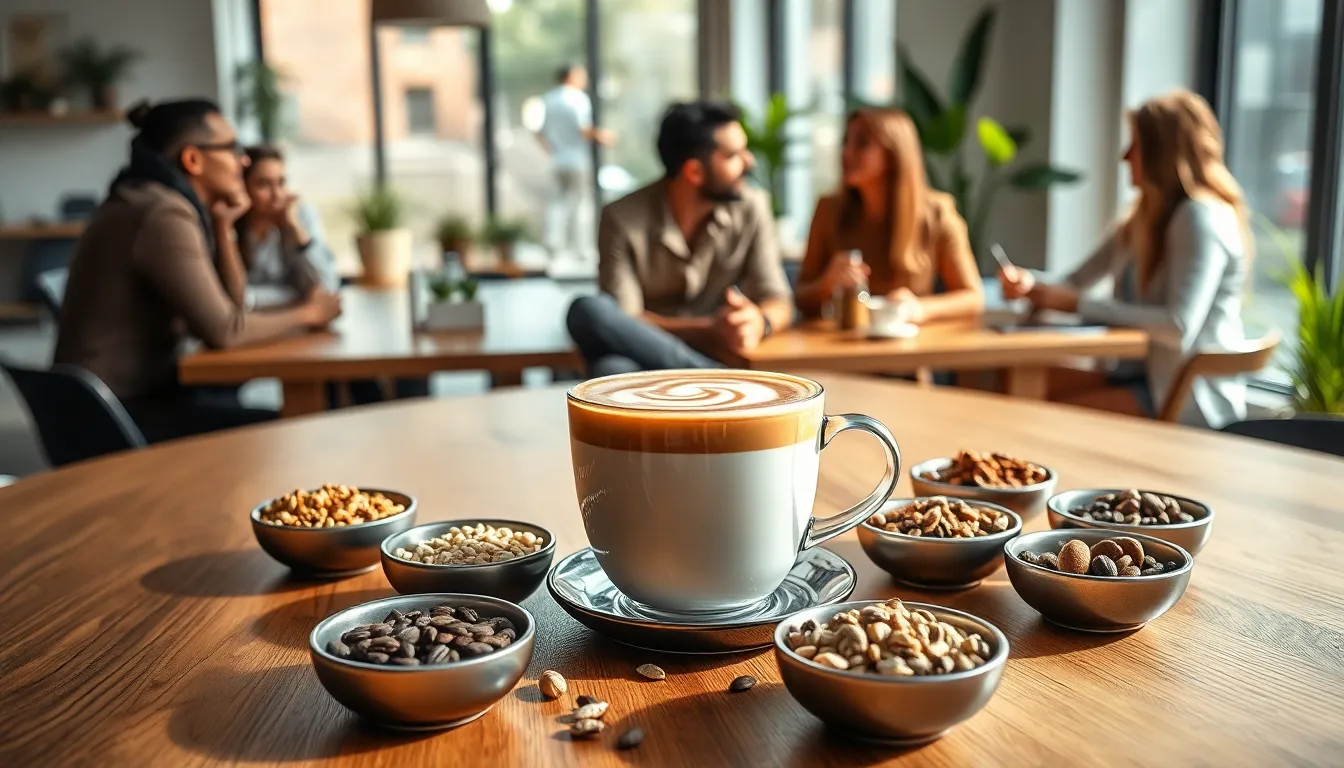 a cup of Ntrffee on a wooden table in a modern café.
