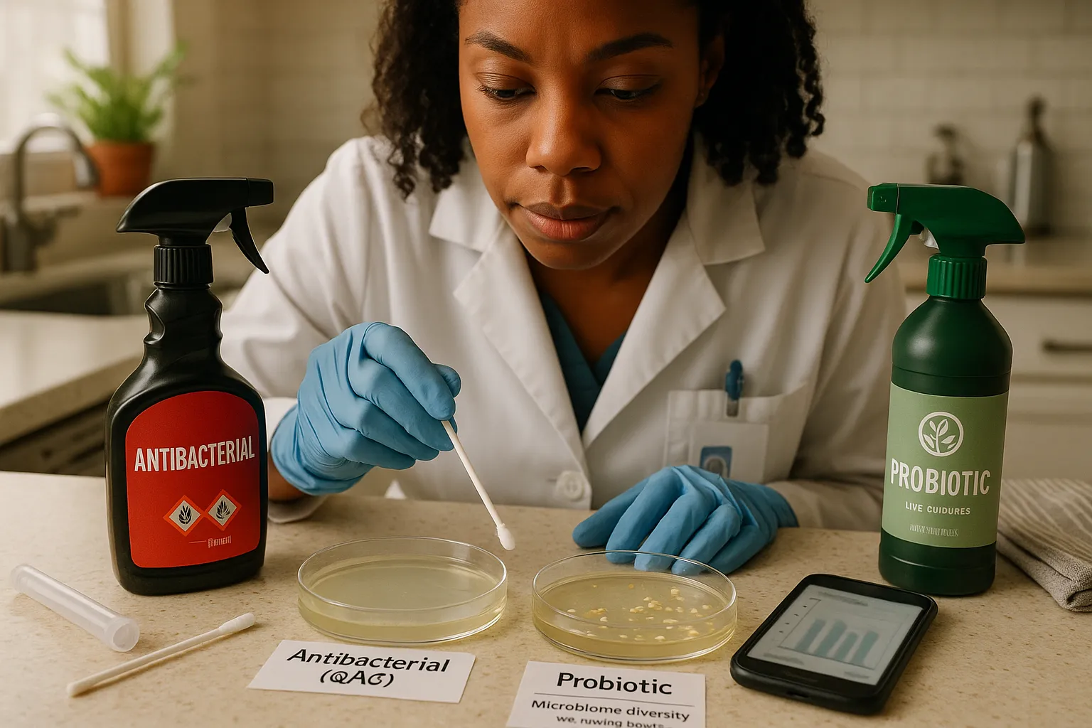 Scientist comparing two petri dishes showing low versus diverse bacterial colonies.
