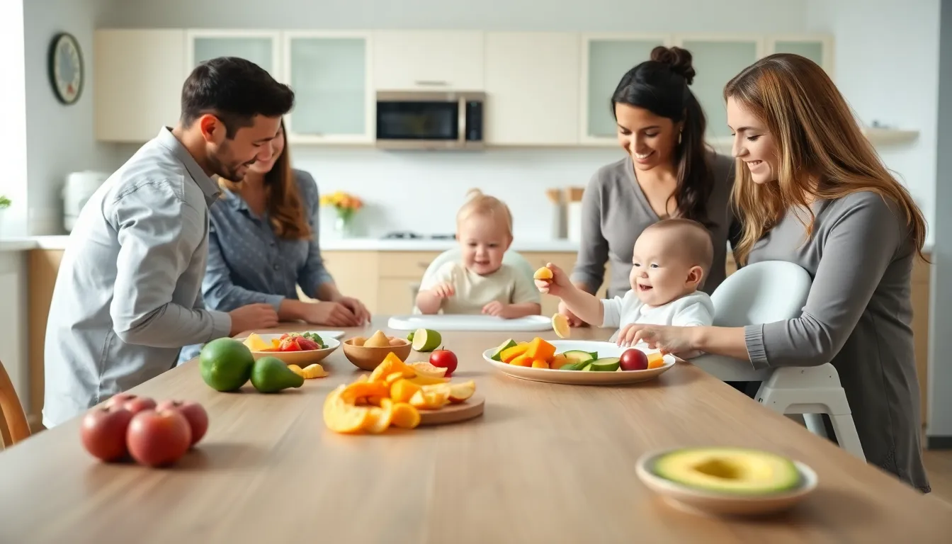 Parent and baby enjoying a colorful baby-led weaning lunch in a bright kitchen.