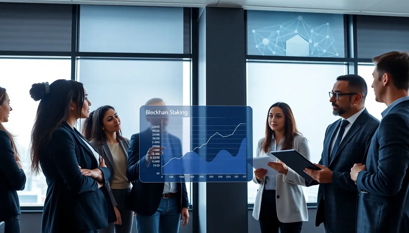 diverse professionals discussing blockchain staking in a modern office.